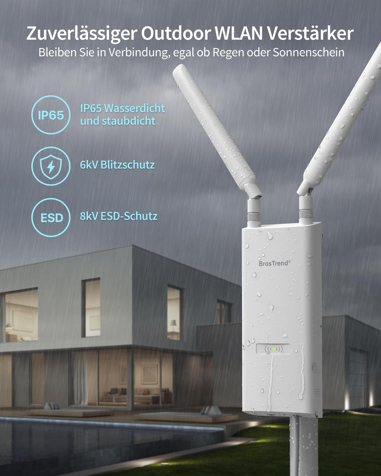 BrosTrend AC1200 Outdoor WLAN Verstärker Hohe Reichweite, IP65 Wetterfester | 802.3af PoE WiFi Repeater Extender mit Gigabit Port, DualBand 5GHz 867Mbit/s + 2.4G 300Mbit/s, mit Passive PoE Injektor, XE1