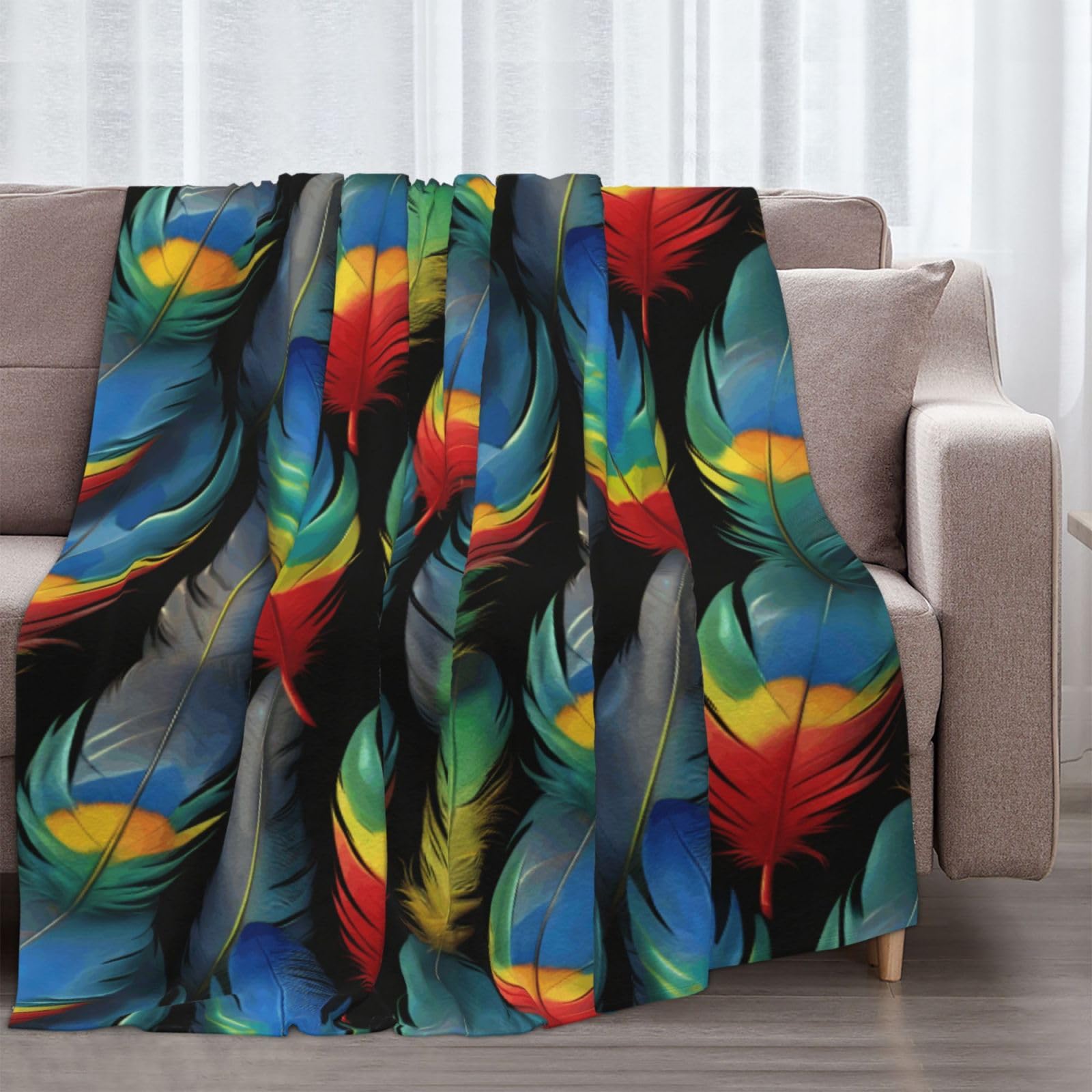 Gemütliche Winter-Flanelldecke, 70 x 80 cm, Papageienfeder-Druck, Überwurf für Sofa, Bett, Camping, weich, warm, perfekt für Heimdekoration und Außenbereich