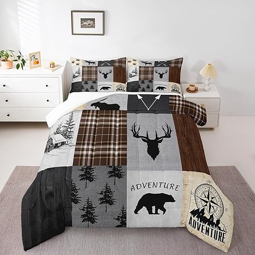 Miniatura 1 de Juego de edredón de cornamenta de ciervo, tamaño individual, juego de ropa de cama rústica de pino con patas de oso para decoración de habitación de