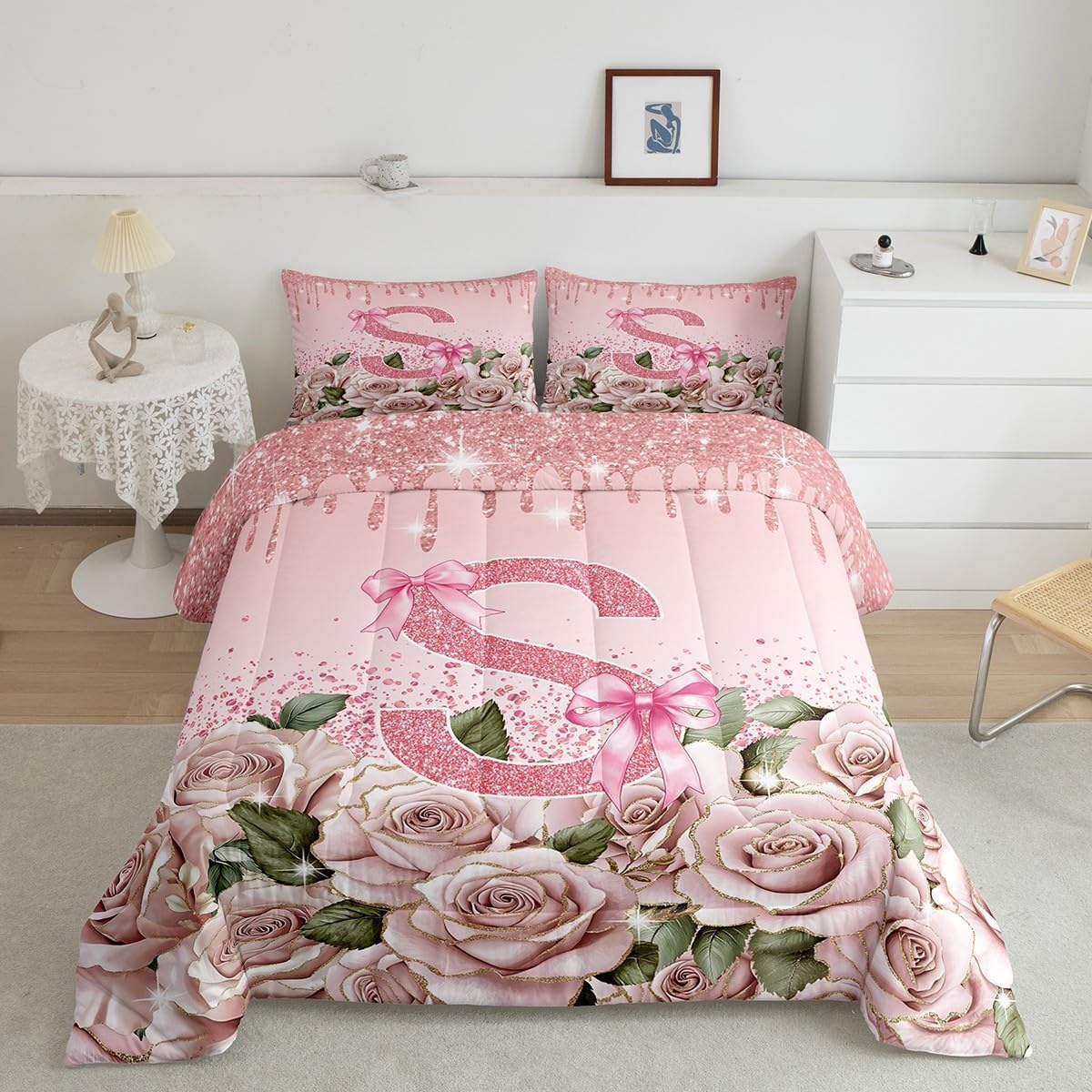 Pink Bow Tie Queen Comforter Set Personalized Initial Letter S Bedding Set - Princess Ribbon Bowknot Monogrammed Down Comforter Sequins Fluid Art Romantic Rose Quilt, Cute Room Decor Aesthetic Kawaii