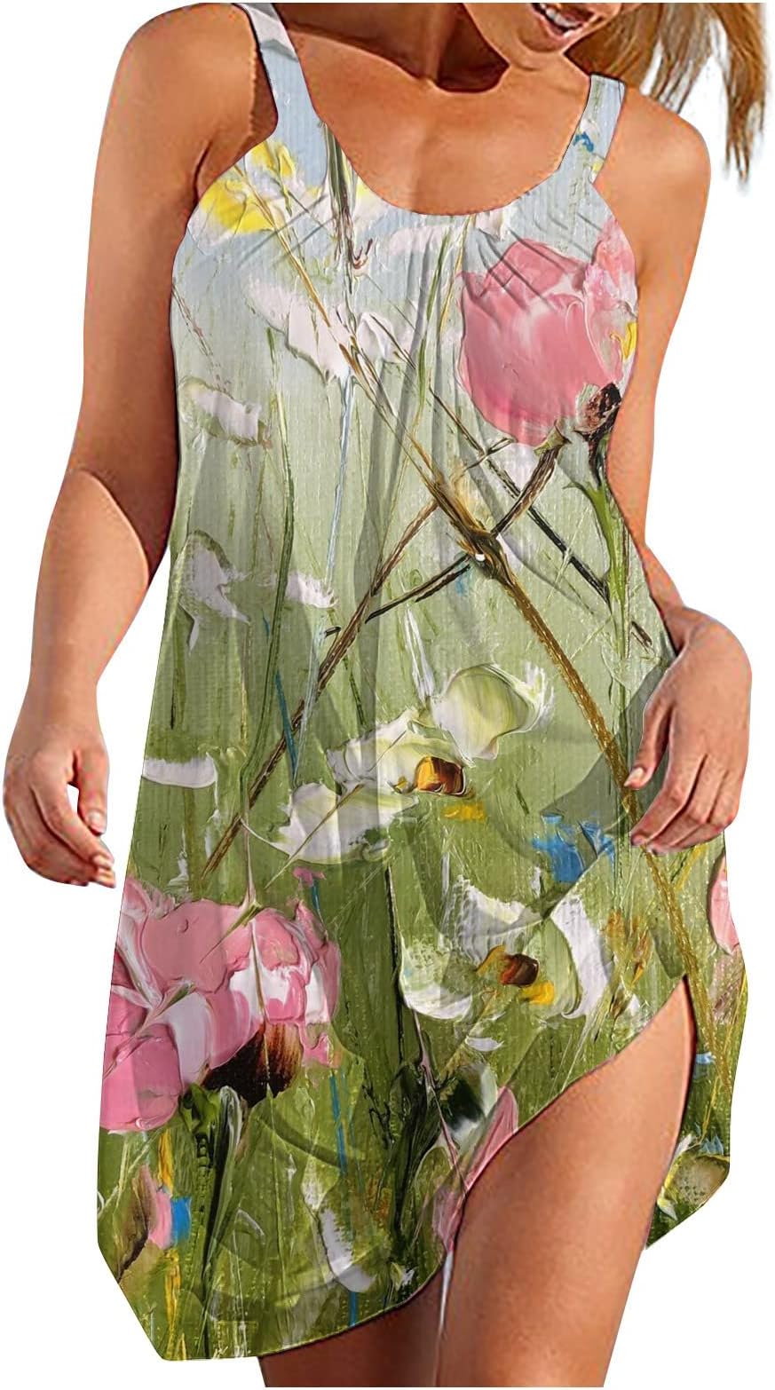 Women's Fashion Floral Printing Mini Dresses Casual Loose Round Neck Sundress Suspender Sleeveless Dresses