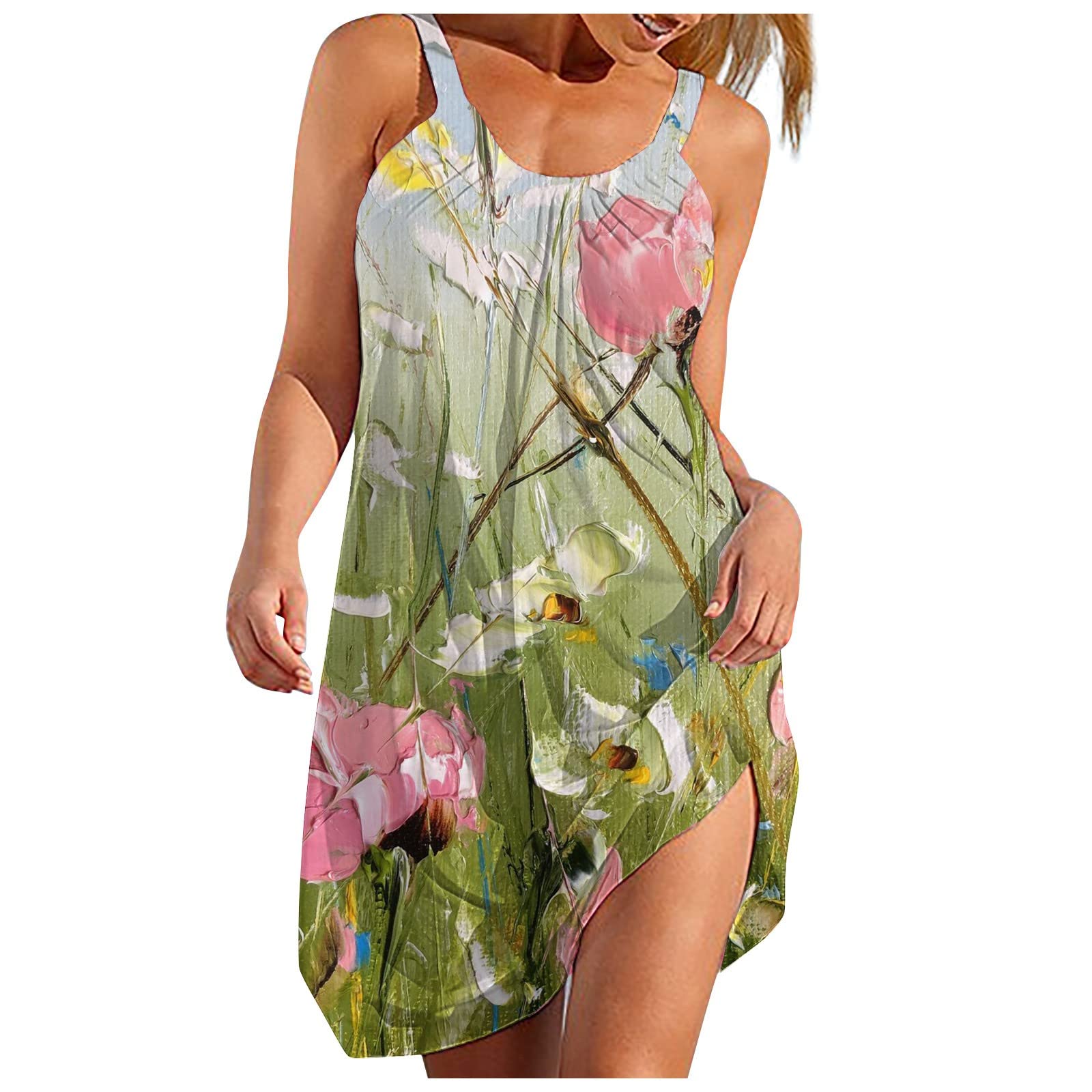 Women's Fashion Floral Printing Mini Dresses Casual Loose Round Neck Sundress Suspender Sleeveless Dresses