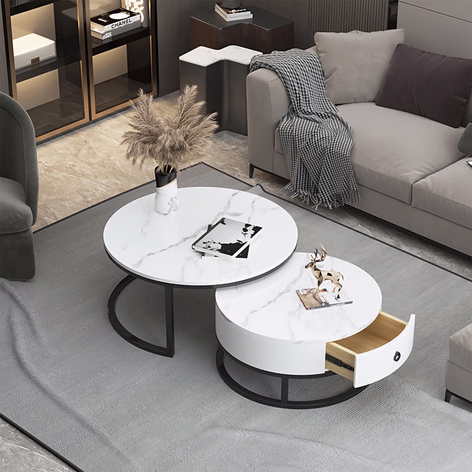 Runde Couchtische 2er-Set – Schwarzes Marmormuster, MDF-Platte, Metallbeine, Stapelbar & Einfach Montiert