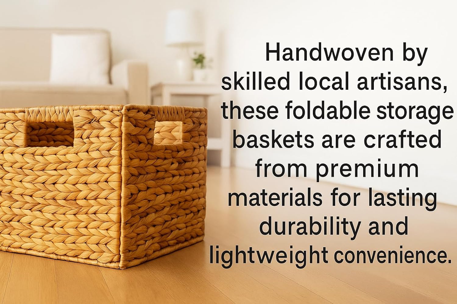 Foldable Water Hyacinth Storage Basket with Handles – Handwoven Natural Organizer Bin for Shelves, Closet, or Living Room Decor