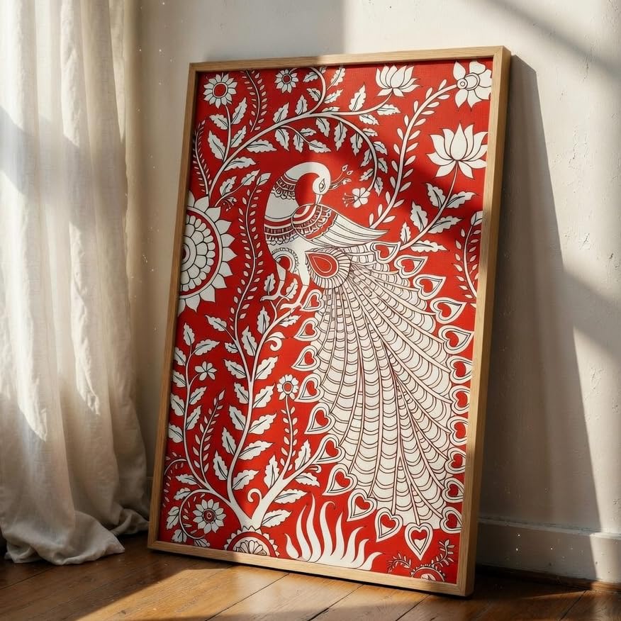 Image of Livin'luxe Folk Peacock Wall Painting with Wooden Frame | Traditional Peacock Floral Artwork HD UV Laminated MDF Wall Decor | Ethnic Bird Wall Art for Living Room Bedroom Decor