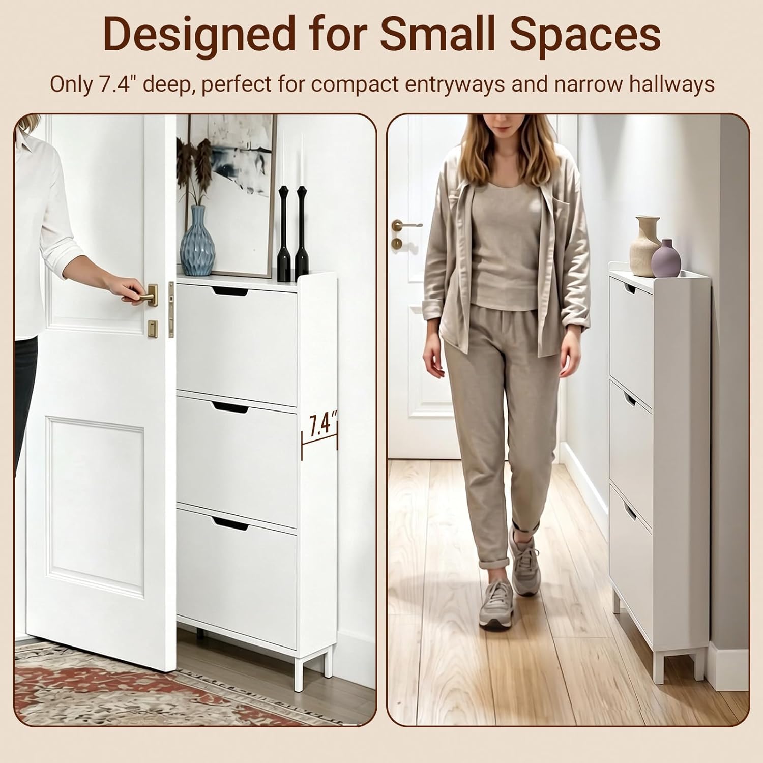 Haotian Slim Shoe Cabinet Entryway, Hidden Shoe Storage with Three Flip Drawers to Save Space, Freestanding Shoe Rack for Front Door, Entryway, Hallway (White)