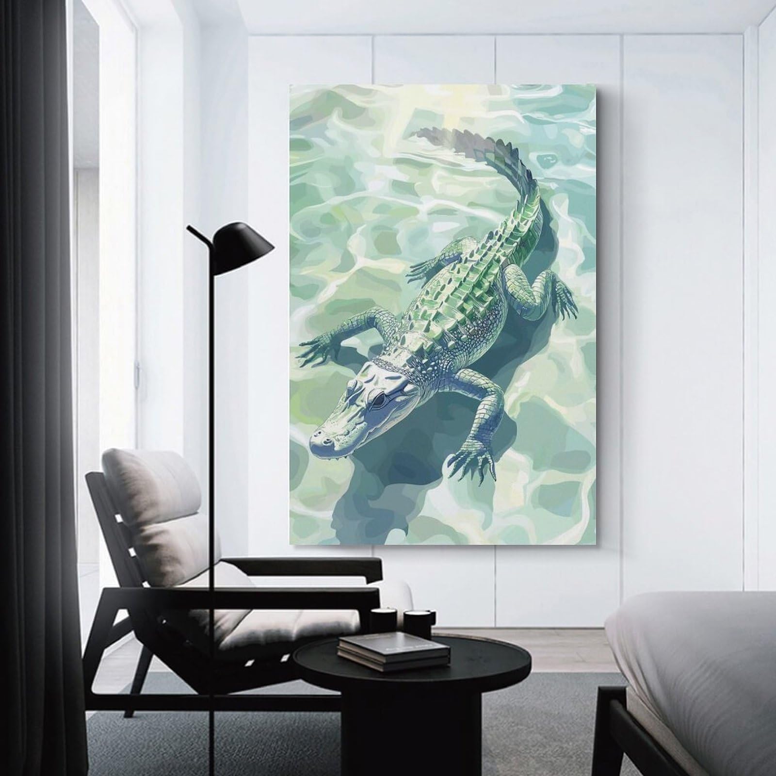 Junmoney Room Decor Wall Art Alligator in Water Illustration, 20x30inch(50x75cm), for Home Office, Desk Area Or Studio, An Interior Accent for Desk Areas