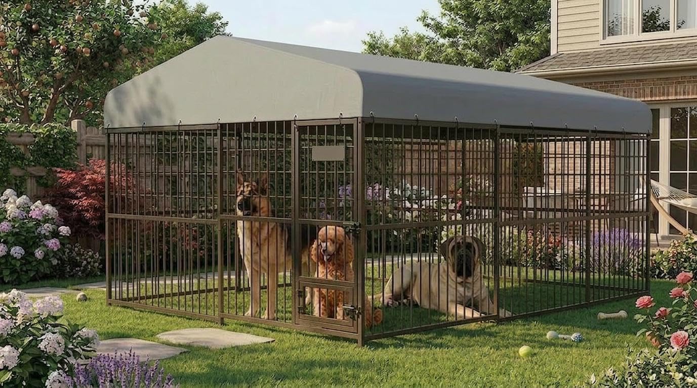 10 x 20FT Large Dog Kennel, Heavy Duty Metal Outdoor Dog Kennel, Outside Dog Playpen with Roof & Feeding Door