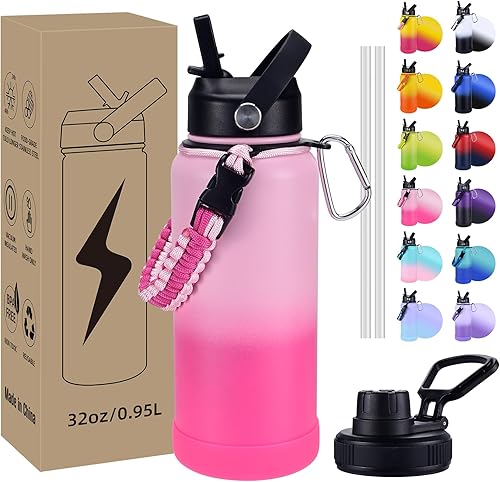 Miniatura 16 de Botella de Agua Aislada, botellas de agua de boca ancha de acero inoxidable de 32 onzas con 2 tapas a prueba de fugas y mango de paracord, botella