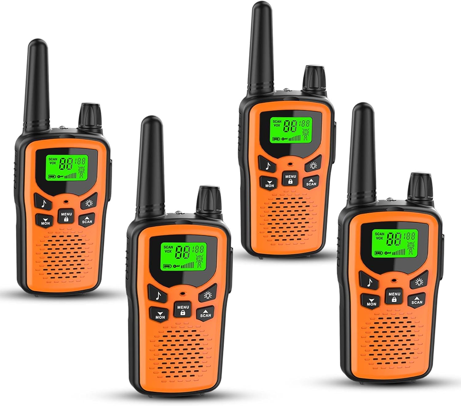 Erelis Long Range Walkie Talkies with 22 FRS Channels, Adults with Lamp, VOX, LCD Display for Outdoor Activities 4 Pack (Orange)