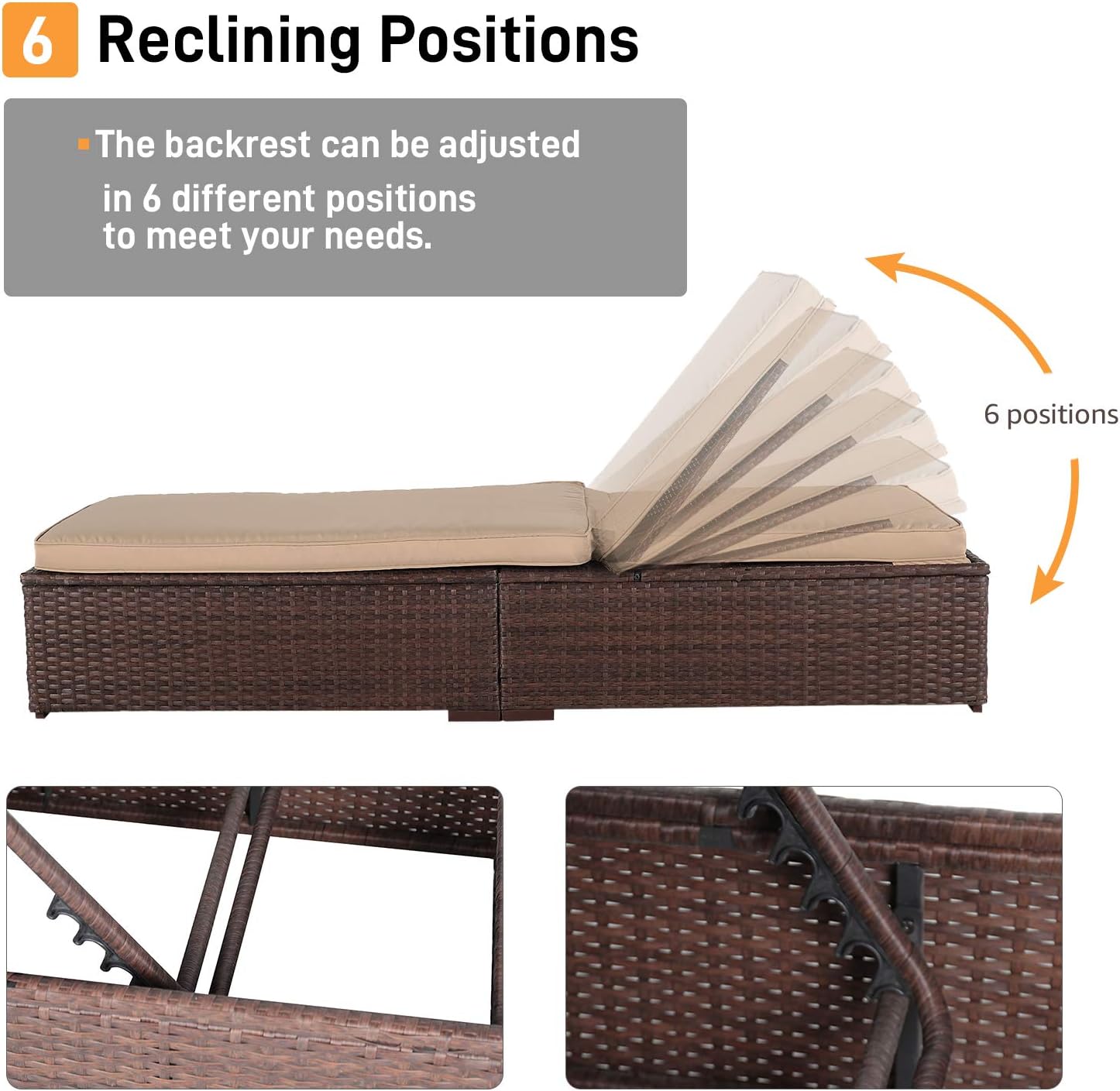 Patiorama Outdoor Patio Chaise Lounge Chair, Elegant Reclining Adjustable Pool Rattan Chaise Lounge Chair with Cushion, Brown PE Wicker, Steel Frame, Beige, Set of 4