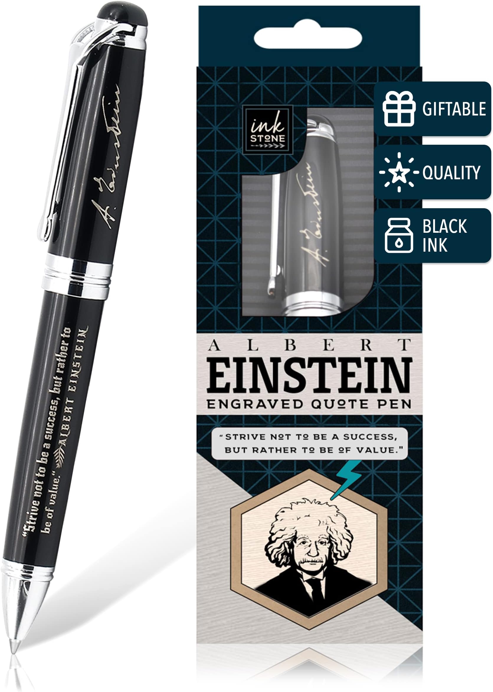 Ballpoint Black Ink Pen | Inspirational Albert Einstein Quote Strive Not to Be a Success, but Rather to be of Value | Durable | Thoughtful and Encouraging Gifts