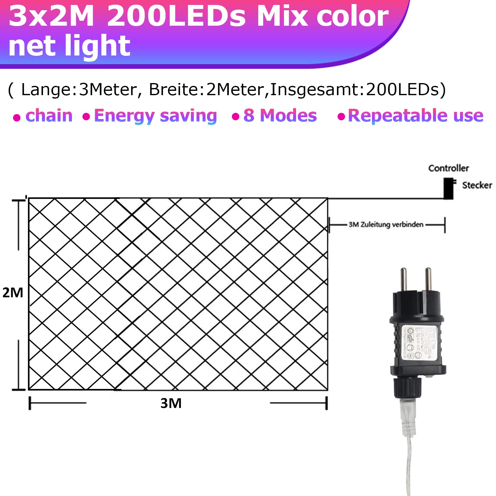 Randaco Siatka świetlna z 204 diodami LED, 3 x 2 m, kolorowy łańcuch świetlny, 8 trybów pracy, do użytku wewnątrz i na zewnątrz, dekoracja, łańcuch świetlny, kurtyna świetlna z wtyczką
