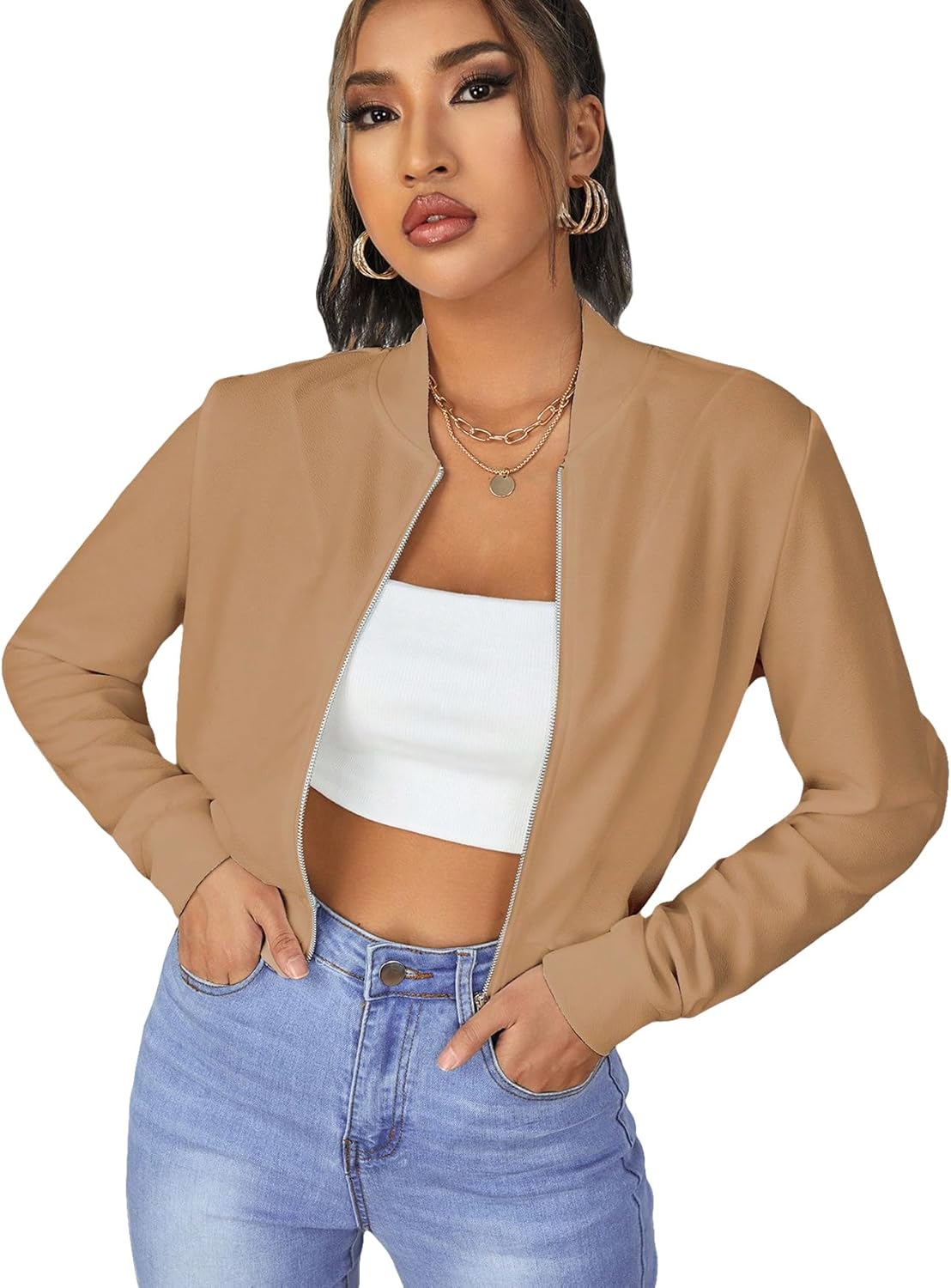 SweatyRocks Women's Casual Long Sleeve Solid Zip Up Coat Crop Bomber Jacket