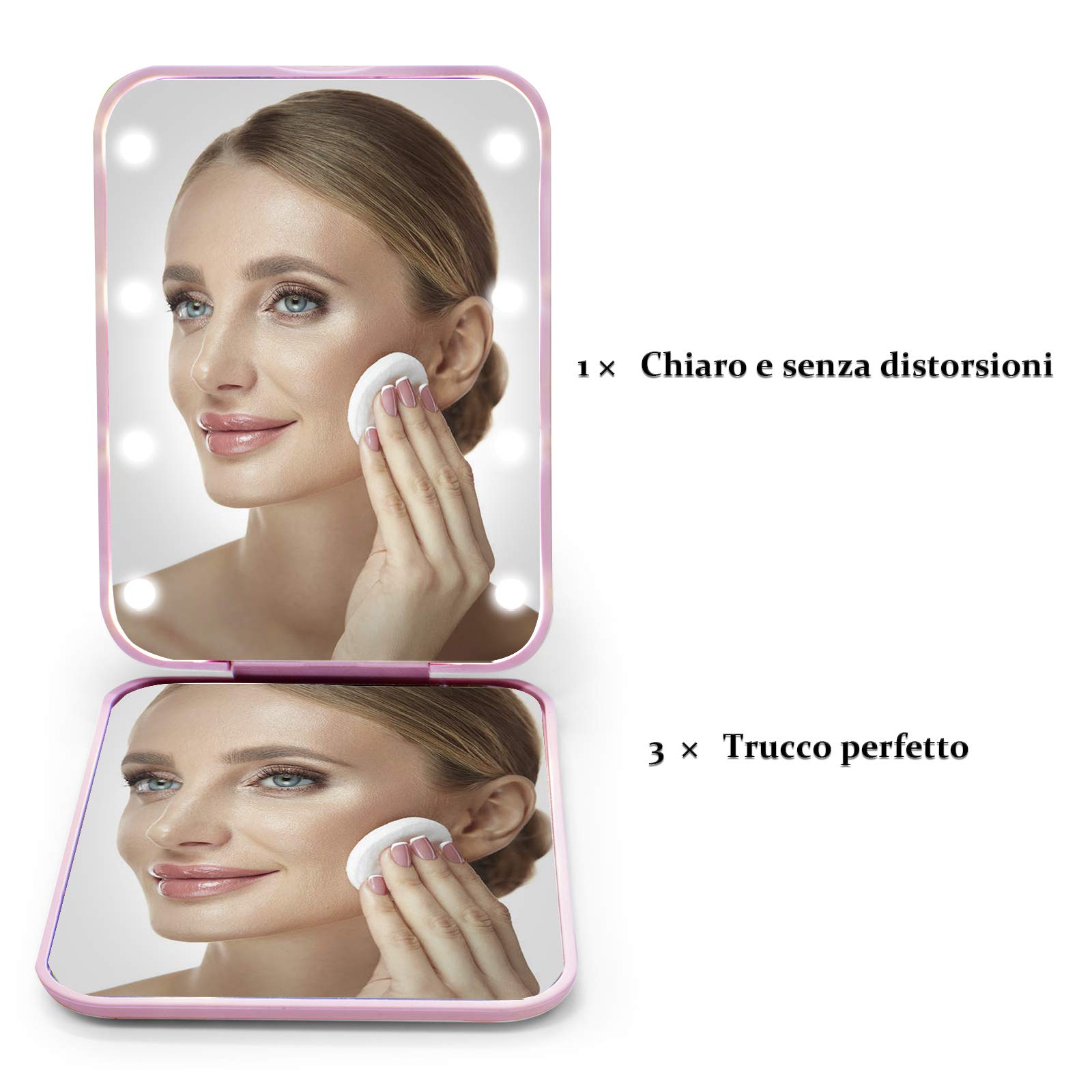 WOBSION Specchio Portatile con Luce LED per Viaggio,Pieghevole Specchietto da Borsetta di 1x/3x Ingranditore,Piccolo Mirror per Trucco con Interruttore Magnetico,a Regalo,Viola