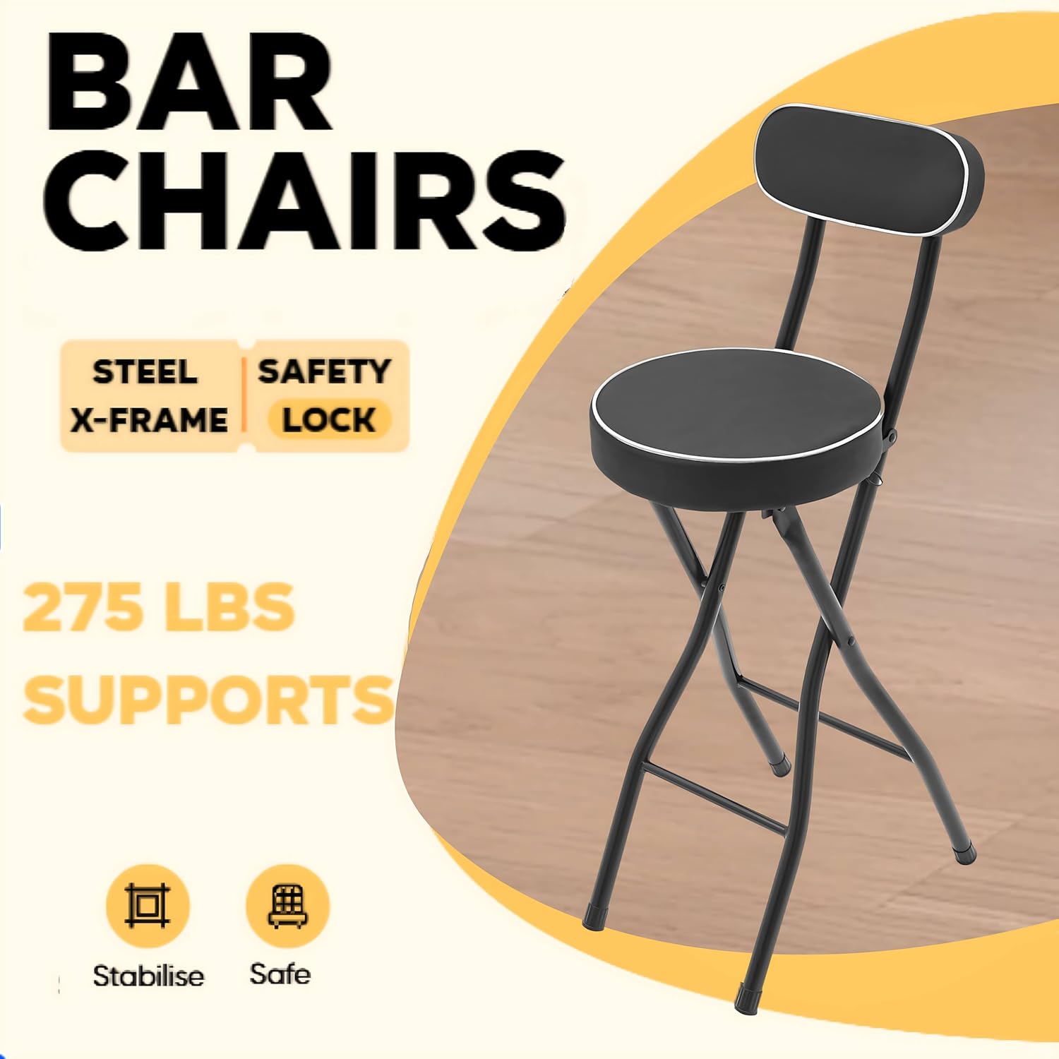 Set of 2 Foldable Bar Stools with Backrest & Footrest, 25.6in Tall Counter Height Seat PU Leather Padded Stool for Kitchen Island, Cafe, Bar (Black)