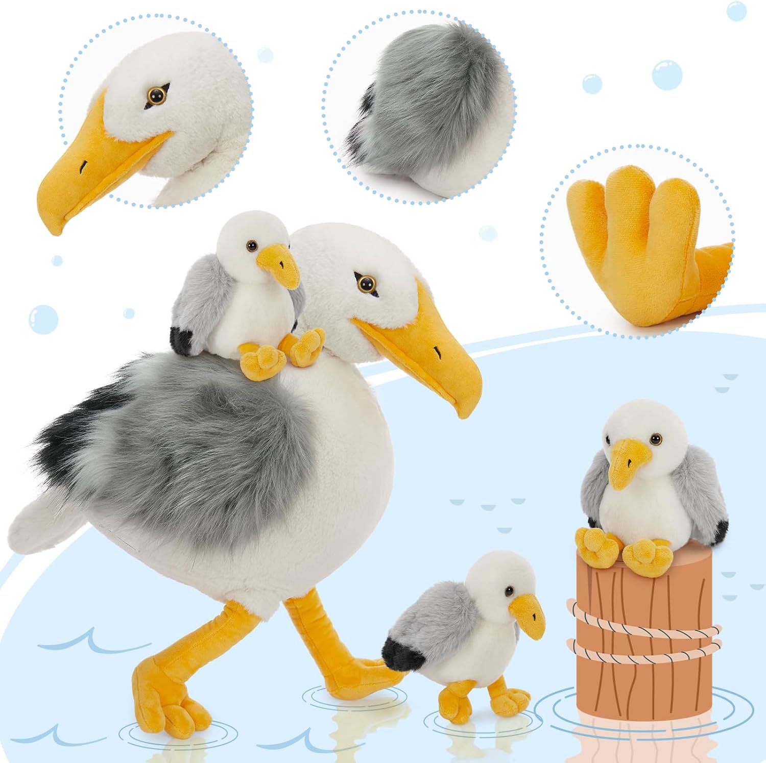 MaoGoLan 4Pcs Seagull Stuffed Animal with Babies Inside,17.7" Mama Seagull Plush with Three Adorable Baby Plushies for Small Hand,Beach Plush Lover Gift for Kids,Boys,Girls