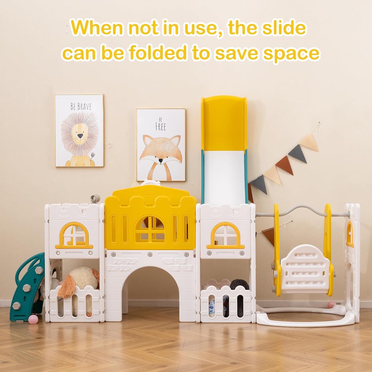 The playset with the slide folded upwards to demonstrate its space-saving storage feature.