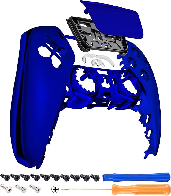 eXtremeRate Chrome Blue Glossy Touchpad Front Housing Shell Compatible with ps5 Controller BDM-010 BDM-020 BDM-030, DIY Replacement Shell Custom Touch Pad Cover Compatible with ps5 Controller