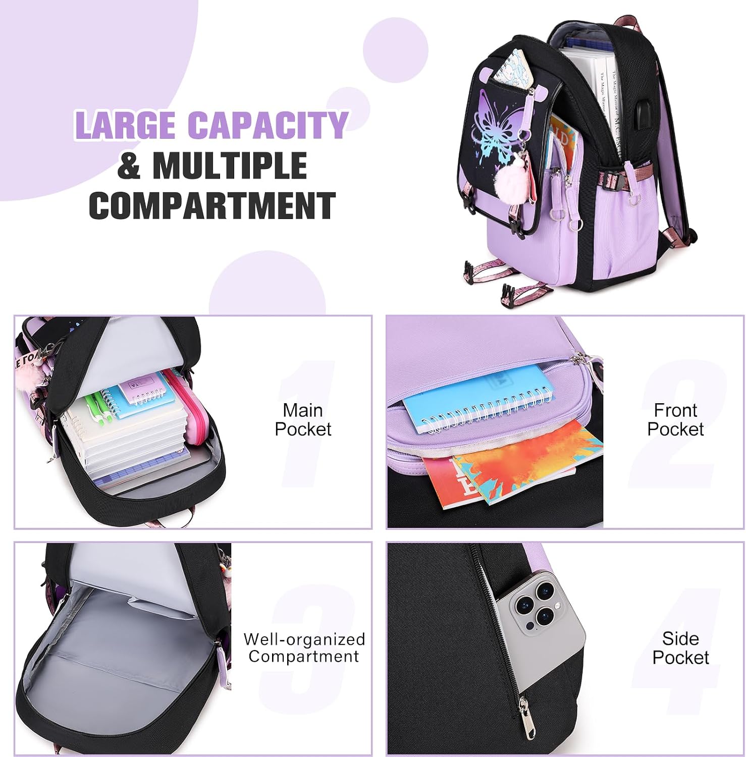 Bevalsa Kids Backpack for Girls with Insulated Water Bottle, Purple Cute Bookbag for Girls Kid, 14oz Termos Kids Water Bottle, Insulated Lunch Bag & Pencial Case, Back To School Gift (Butterfly)