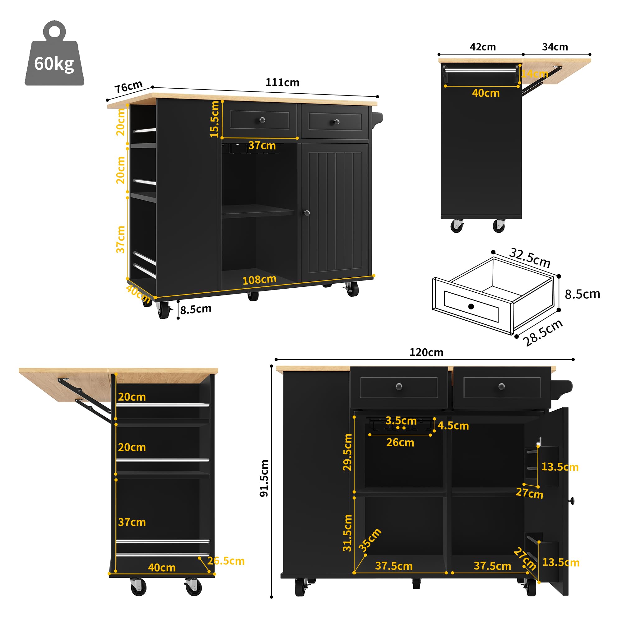 Carro isla cocina sobre ruedas con superficie de trabajo plegable, isla cocina, mueble con porta aperitivos y porta vasos de vino, carro de comedor con divisores extraíbles, 120 x 42 x 91,5 cm