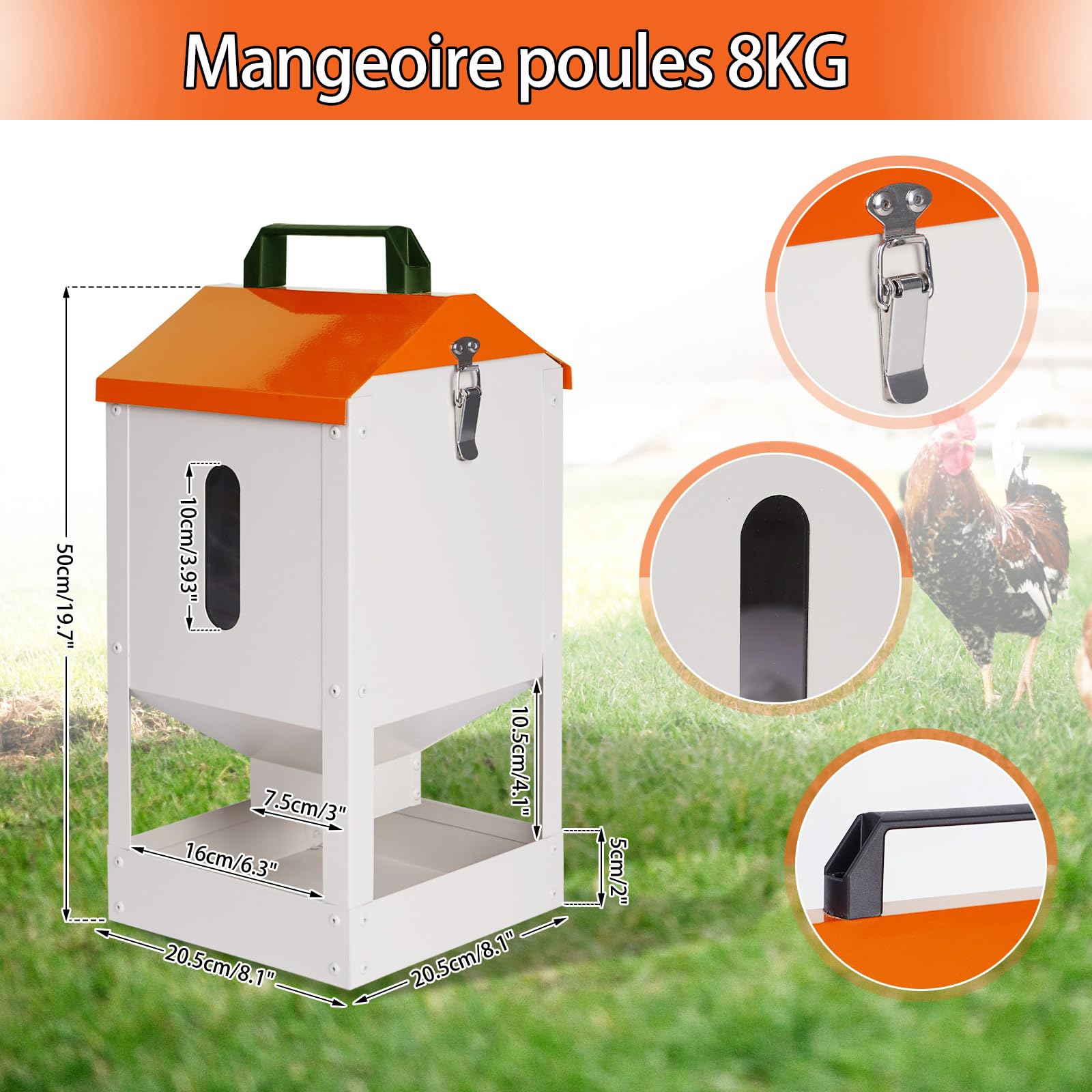 8KG Mangeoire Pour Poules Metal, Distributeur Automatique Graines Poules, Avec Couvercle Et Poignée, Distributeur D’Aliments Pour Volaille Pour Poulets, Canards, Oiseaux