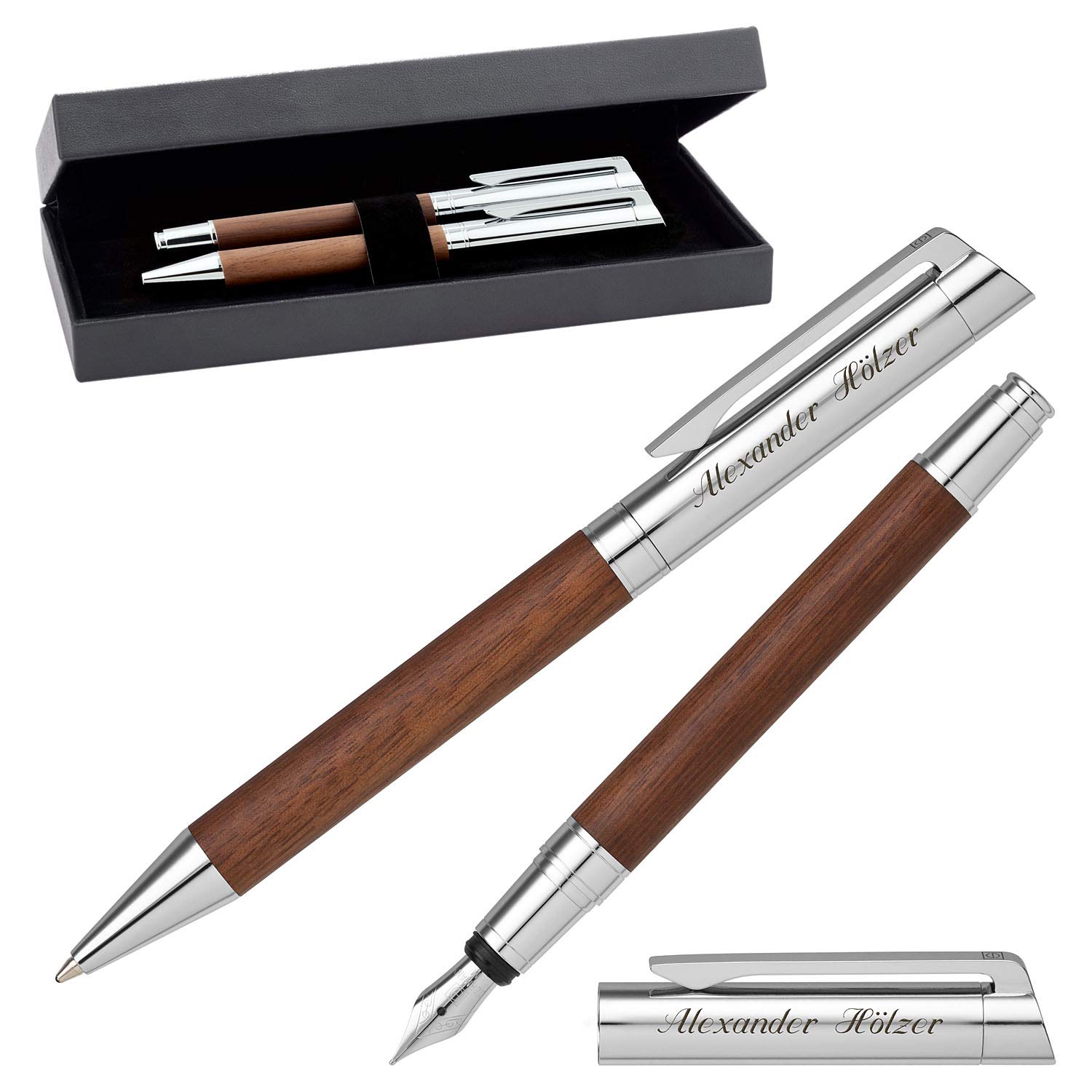 Senator Schreibset TIZIO 6252 Nussbaumholz Kugelschreiber Füller mit persönlicher Gravur und Geschenk-Etui