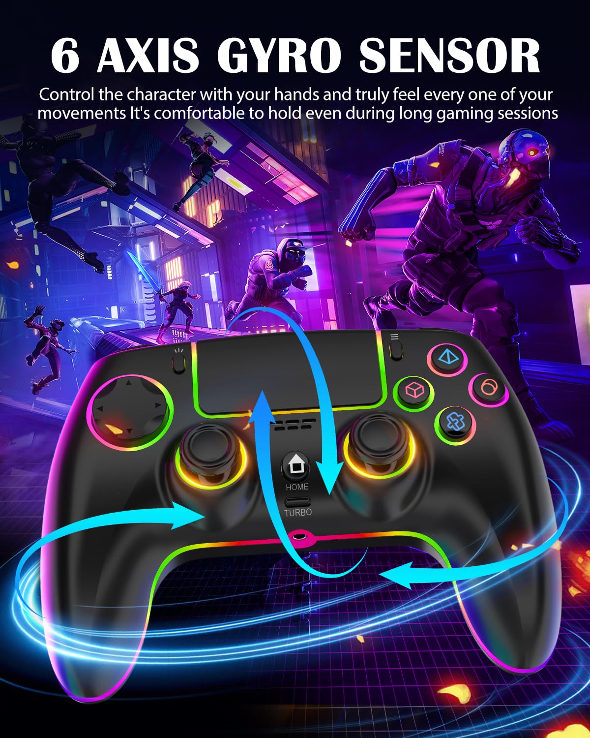 MYSTILUCK Controller Wireless per PS4/PS3/Pro/PC/MAC/iOS/Android/Steam Deck, Controllore con illuminazione RGB 7 Colori/Joystick Effect Hall/Doppia Vibrazione/Turbo/Jack Cuffie/Batteria 1500 mAh
