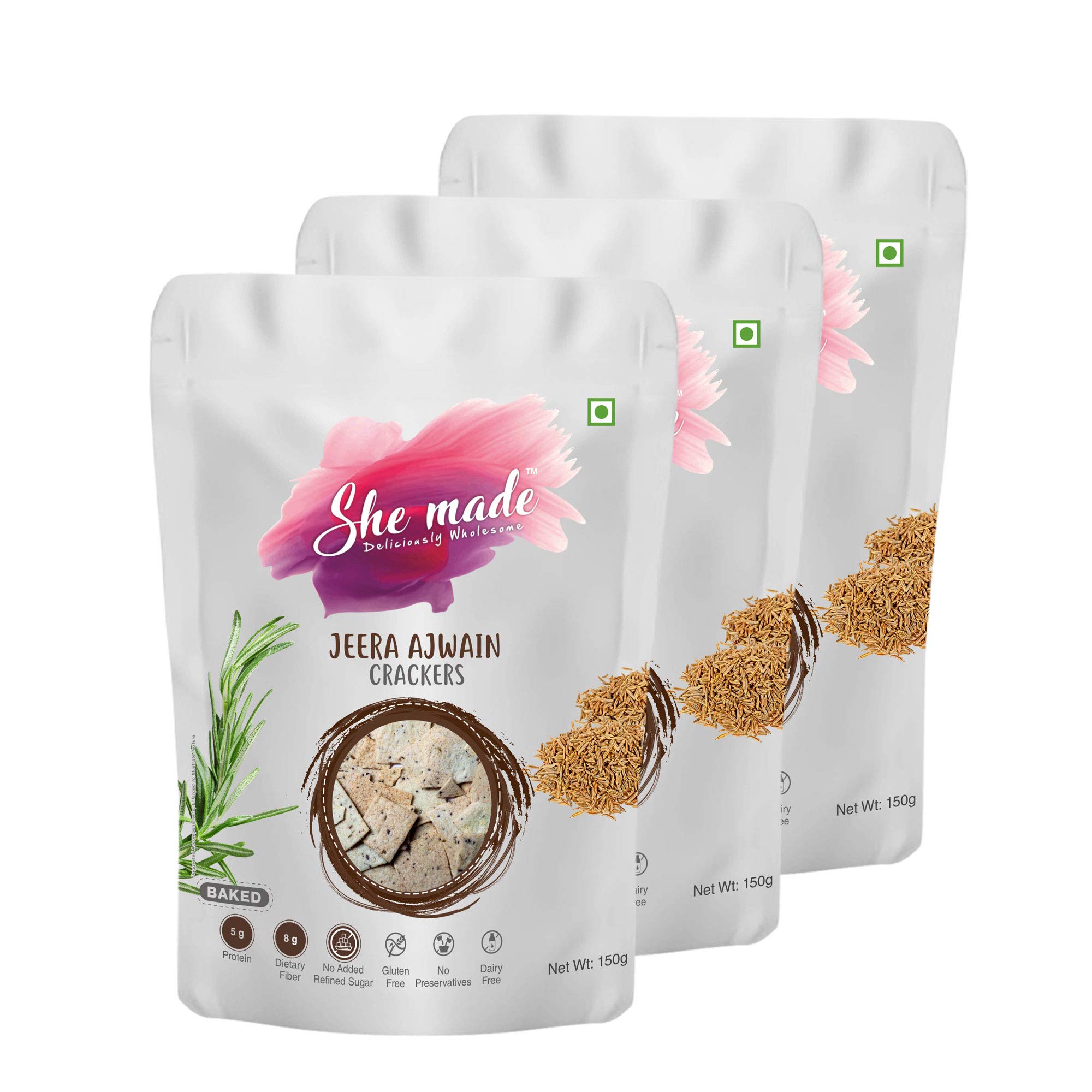 She Made Foods Crackers Biscuit - Pack of 3, Jeera Ajwain Flavour, Vegan & Gluten-Free Snack, Healthy Baked Crackers, Tasty Gourmet Bites (150 grams each)