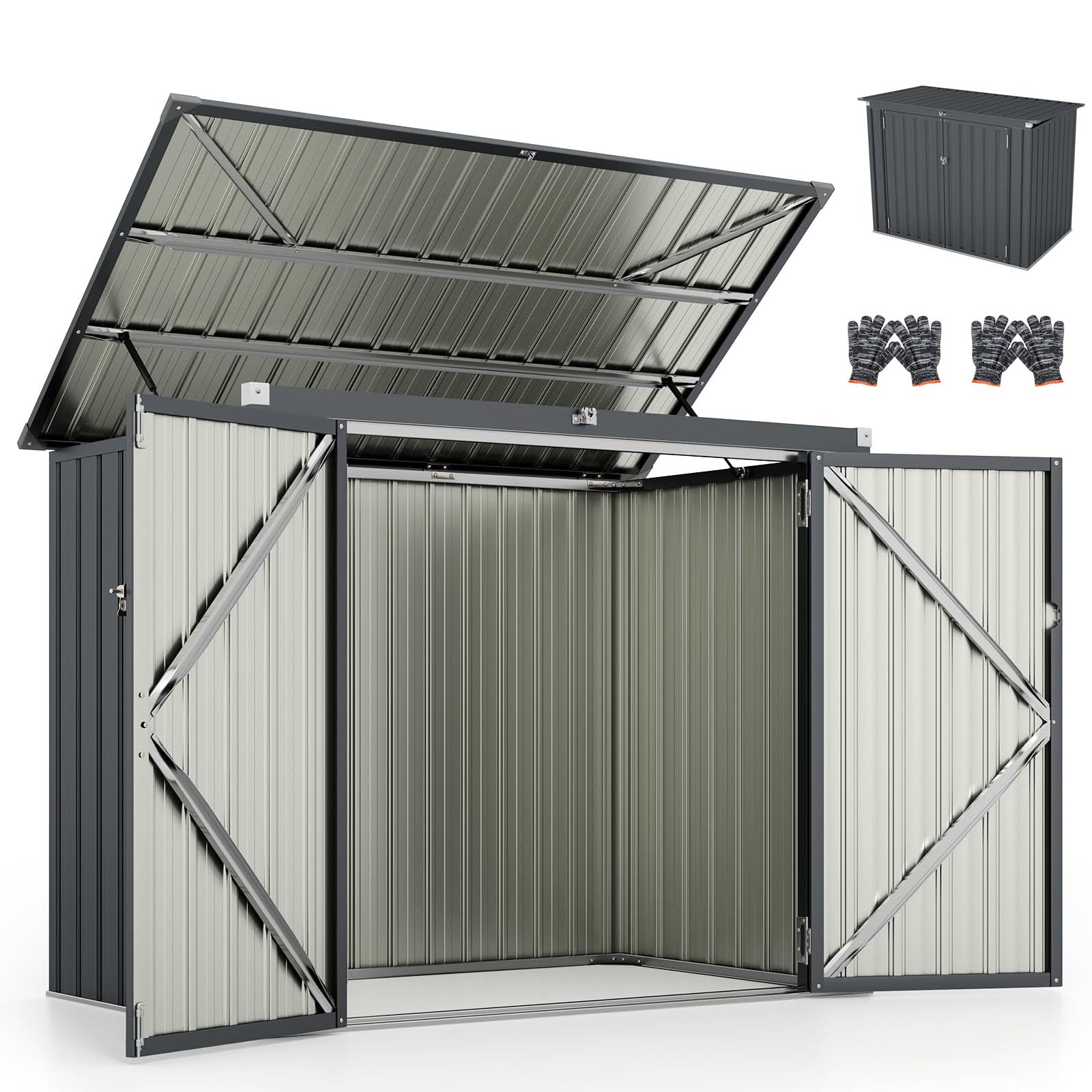 RELAX4LIFE Casetta per Spazzatura Esterna Bloccabile 1,51㎡ 172X100X129CM in Metallo Zincato con Doppie Aperture，2 Porte, Coperchio Apribile (GRIGIO)