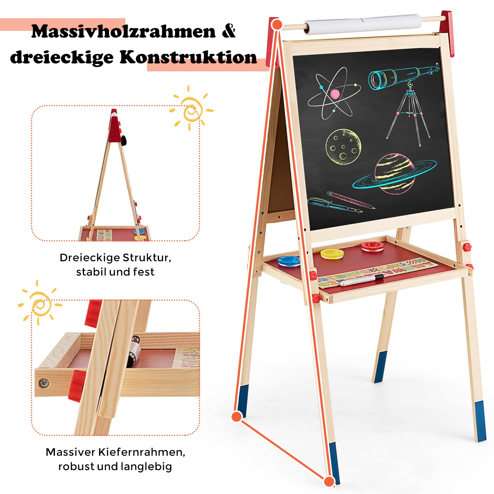 DREAMADE 3 in 1 Kinder-Staffelei aus Holz, Doppelseitige Standtafel mit Kreidetafel & magnetischem Whiteboard, Höhenverstellbare Kindertafel mit Papierrolle & viel Zubehör, für Kinder Malen