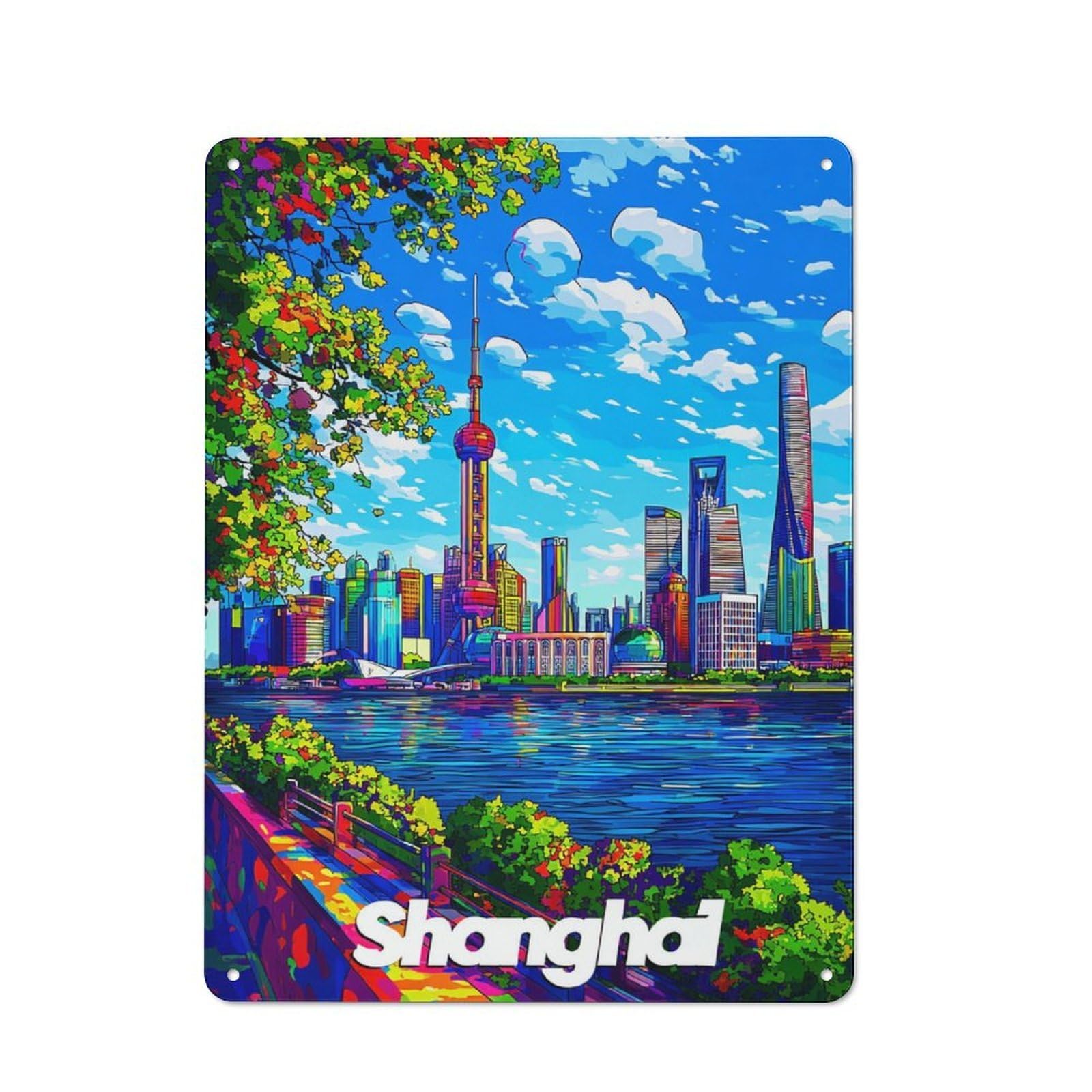 Junmoney Colorful Shanghai Skyline 40X30cm Vintage Tin Sign With For Hobby Room Or Studio, For Winter Interiors And Metal Sign Collectors