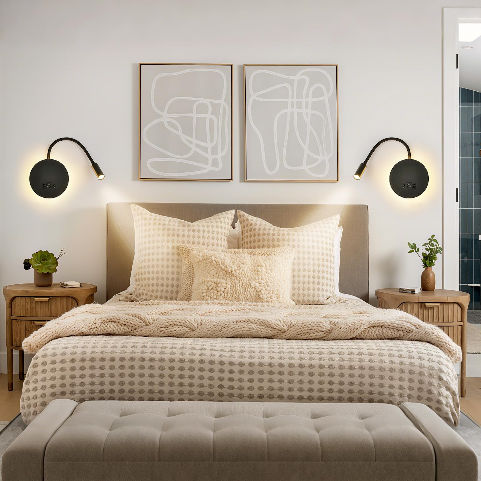 Lampe de Lecture Murale avec Port de Charge USB & USB-C et Prise, Lampe de Lit LED avec Éclairage Ambiant, Lampe de Lecture Murale Flexible, Lampe Murale avec Prise(Noir)