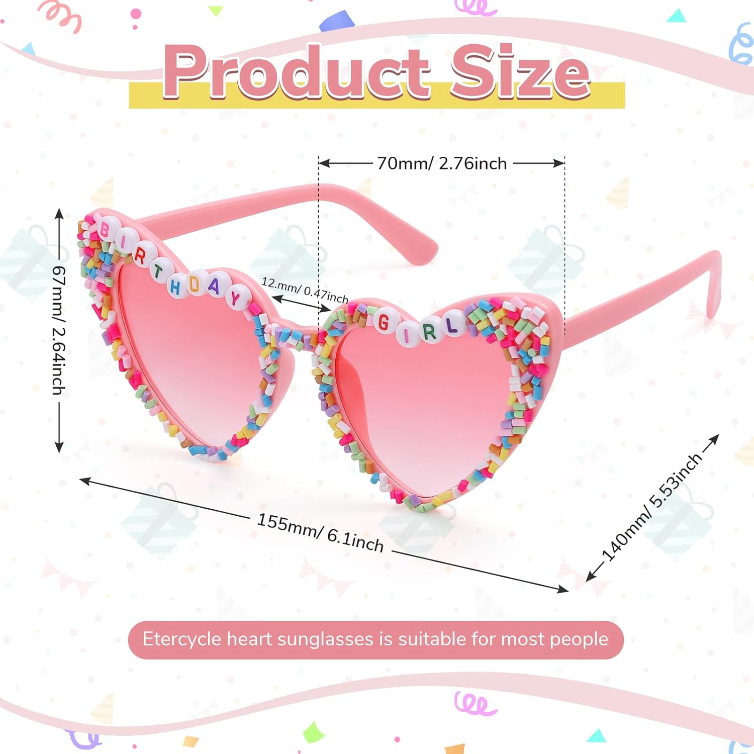 Etercycle Birthday Glasses, Birthday Girl Pink Heart Sunglasses, Fashion Girls Sunglasses Fete Day Gift Pink Happy Birth Day Party Decorations - Image 2