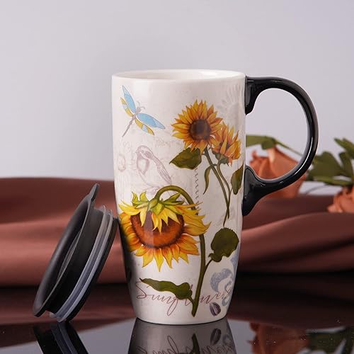 Miniatura 4 de Taza de café de cerámica para regalo con tapa de 17 onzas, taza de té alta de porcelana con asa para el hogar y la oficina, taza con diseño