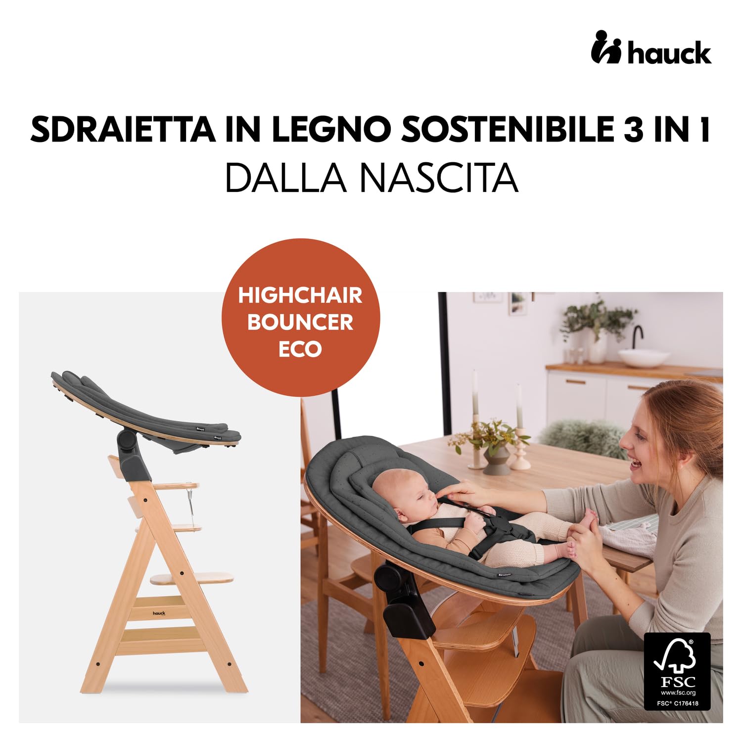 hauck Highchair Bouncer Eco, Deep Grey - Sdraietta Neonato con Funzione Pappa e Struttura a Dondolo in Legno, Ergonomica, Reclinabile - Adattatore per Seggiolone Pappa Alpha+ e Beta+ Incluso