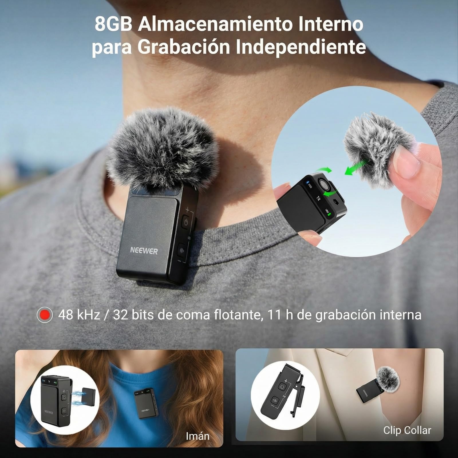 NEEWER CM36 Pro Micrófono Inalámbrico, AI Cancelación Ruido, 48KHz/32bits Float, 8GB Almacenamiento, 85dB SNR, 54h Batería con Estuche Carga, 328ft Range, Lav Mic para iPhone Android Vlog Camera PC