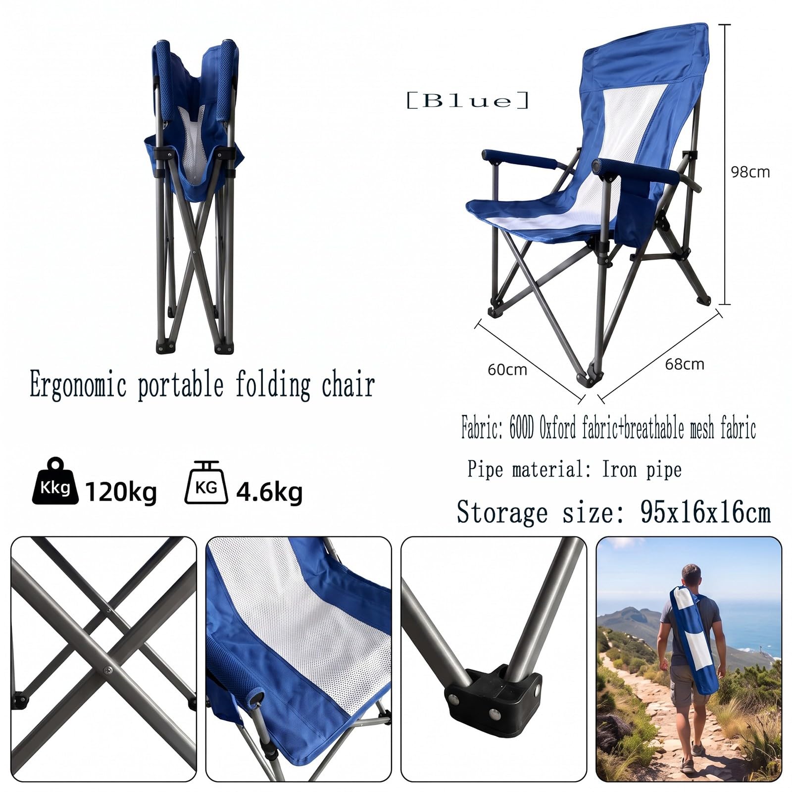 Chaise de Camping Pliable Surdimensionnée Portable avec Porte Gobelets et Accoudoirs Cadre Stable pour Extérieur Intérieur Camping Pêche Couleur Noir Gris E