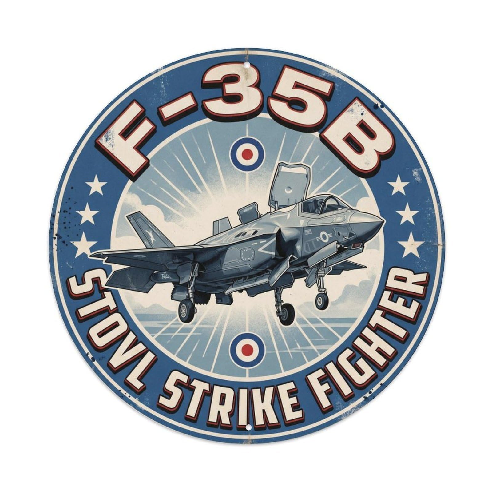 Military F-35B Lightning STOVL Stealth Fighter Aircraft Metal Tin Sign Plaque Wall Decor for Cafe, Man Cave, Club Bar, Office, Home Garden Round Metal Poster 8x8Inch