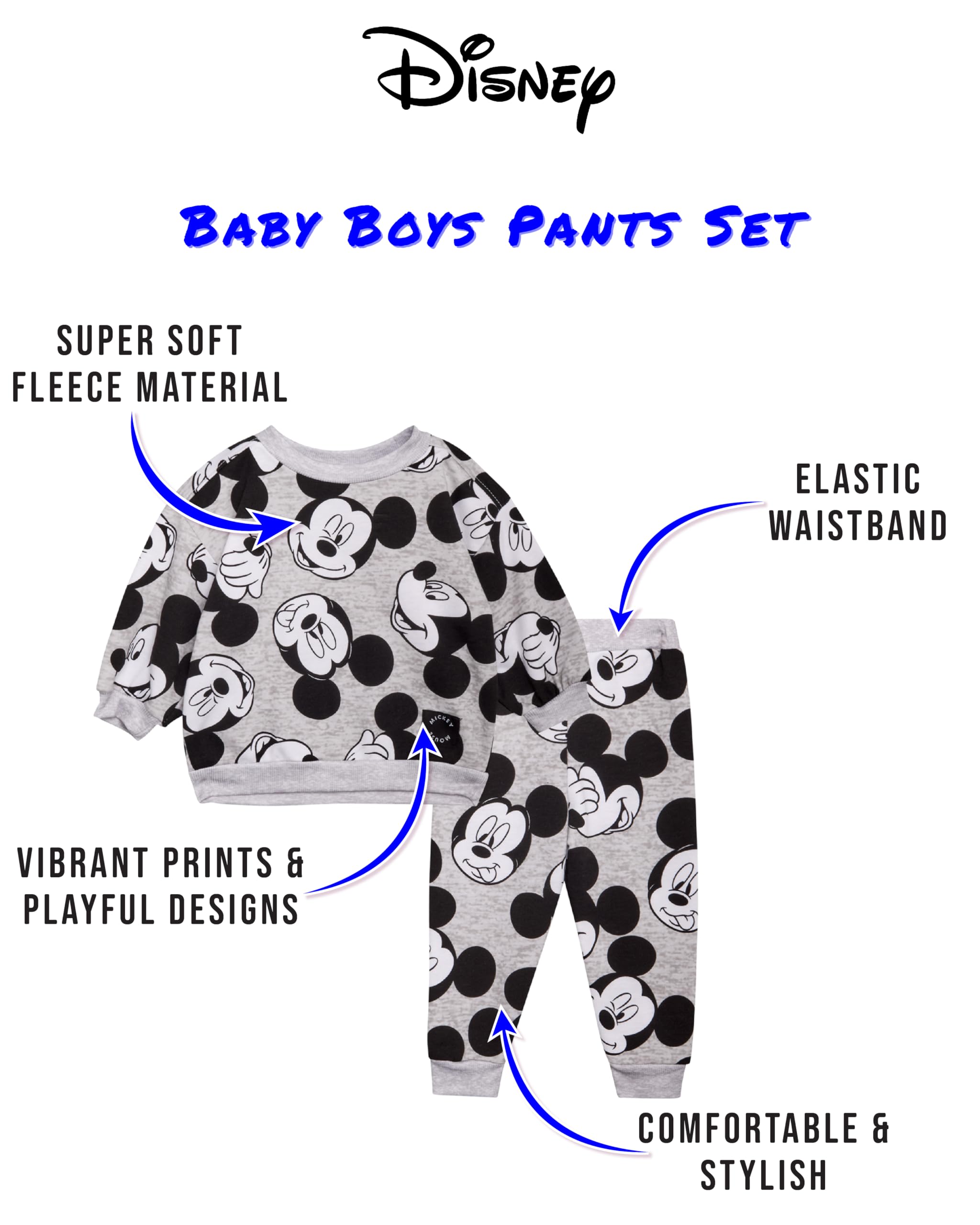 Disney Set da jogging per bambini, 2 pezzi, felpa girocollo in morbido pile e pantaloni da jogging per ragazzi, comodi vestiti per neonati (12-24 m)