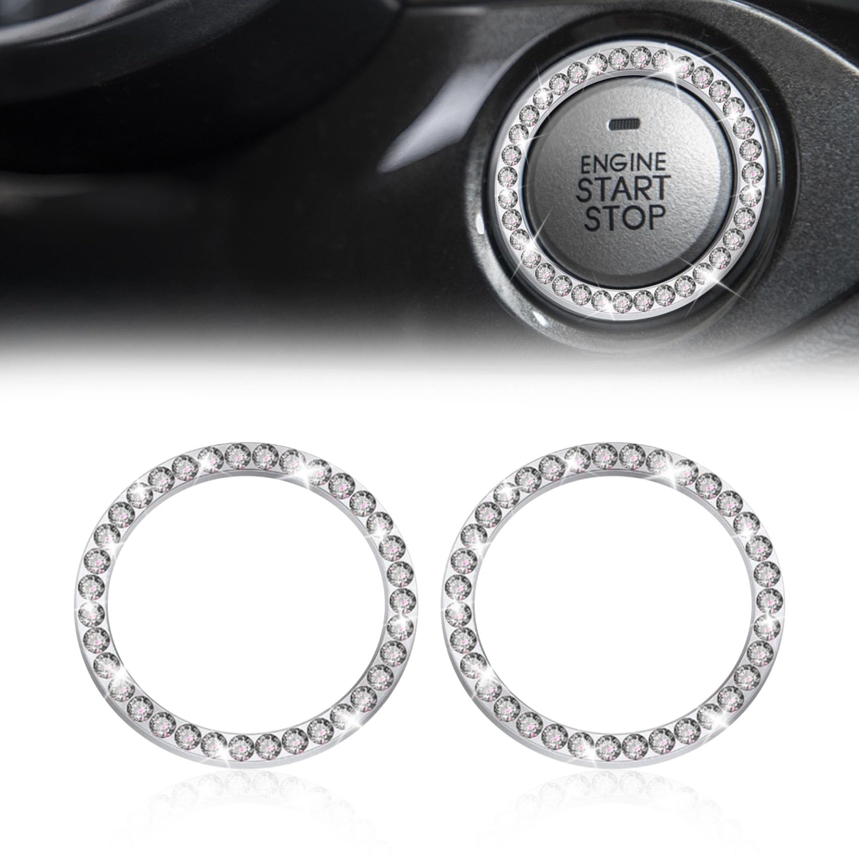 2 Pcs Crystal Rhinestone Car Engine Start Stop Decoration Ring, Push to Start Button Cover, Bling Car Accessories for Women, Key Lgnition Starter Knob Ring (White)