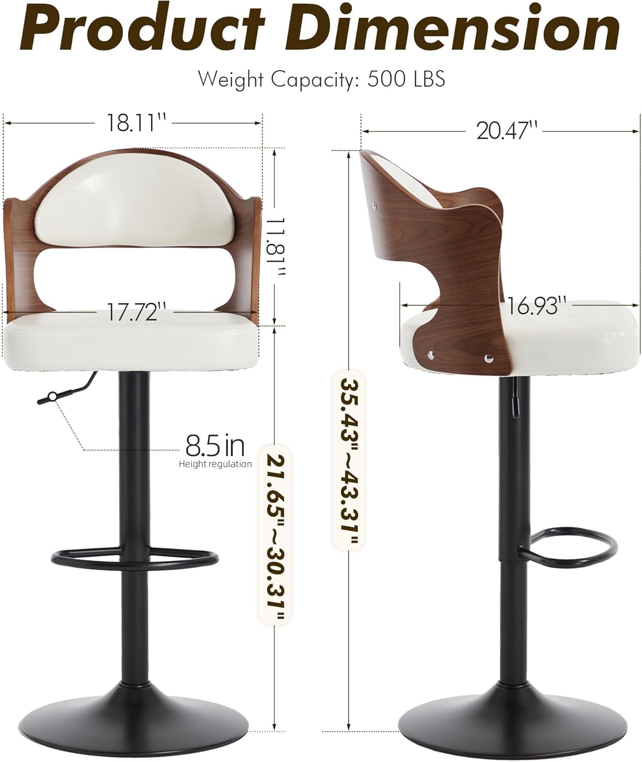 Bar Stools Set of 2, 360° Swivel Barstools with Solid Wood Back and Footrest, Leather Adjustable Counter Height Chairs for Kitchen, Bar, Dining Room (White)