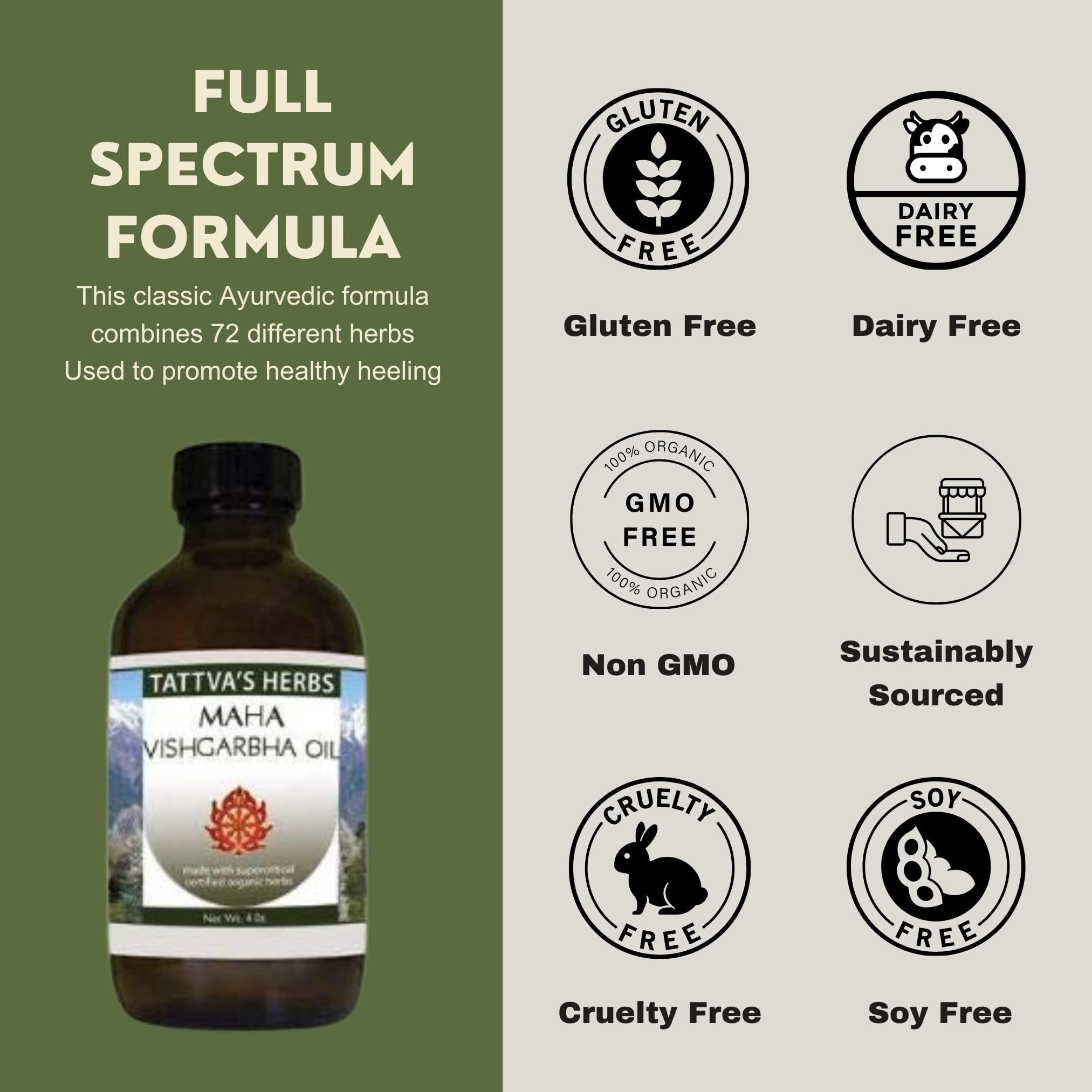 Maha Vishgarbha Oil - Organic Non GMO Traditional Ayurvedic Formula - 50 Plus Herbs - Nourishes, Strengthens, Tones Muscles And Joints 8 oz. From Tattva's Herbs