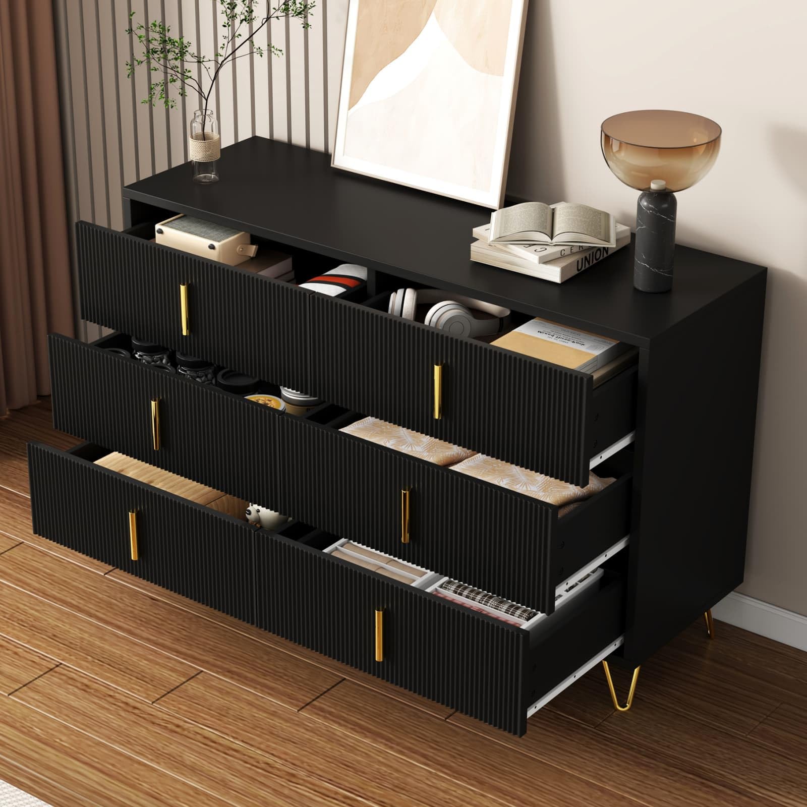 Cassettiera Salvaspazio HLFURNIEU Con 6 Cassetti In Tessuto E Luce LED - Per Camera, Soggiorno, Ingresso, Nero