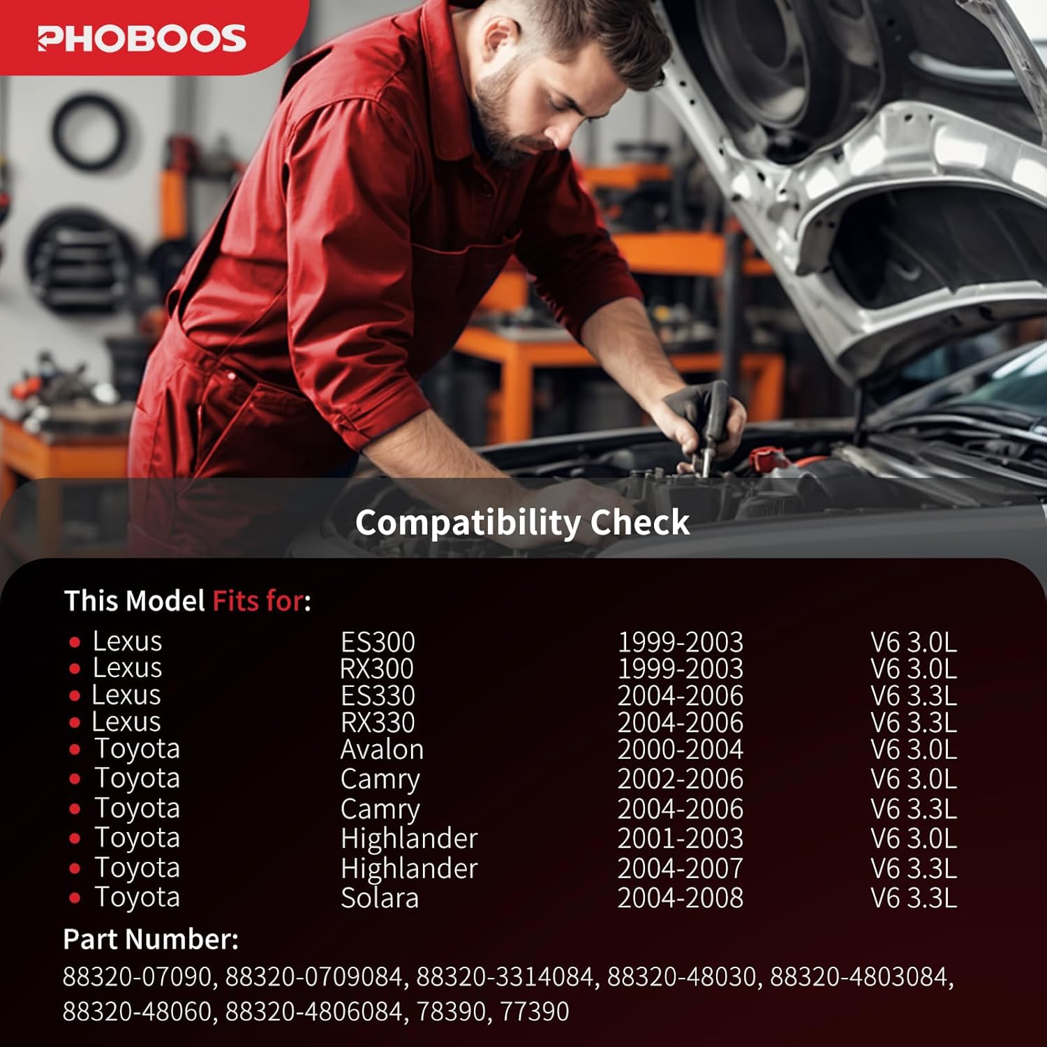 PHOBOOS A/C Compressor with Clutch Compatible with Toyota Camry 2002-2006, Solara 2004-2008, Highlander 2001-2007, Avalon 2000-2004 & Lexus RX300/ES330 1999-2006, 3.0L/3.3L, Fast Cooling, Ref. 78390