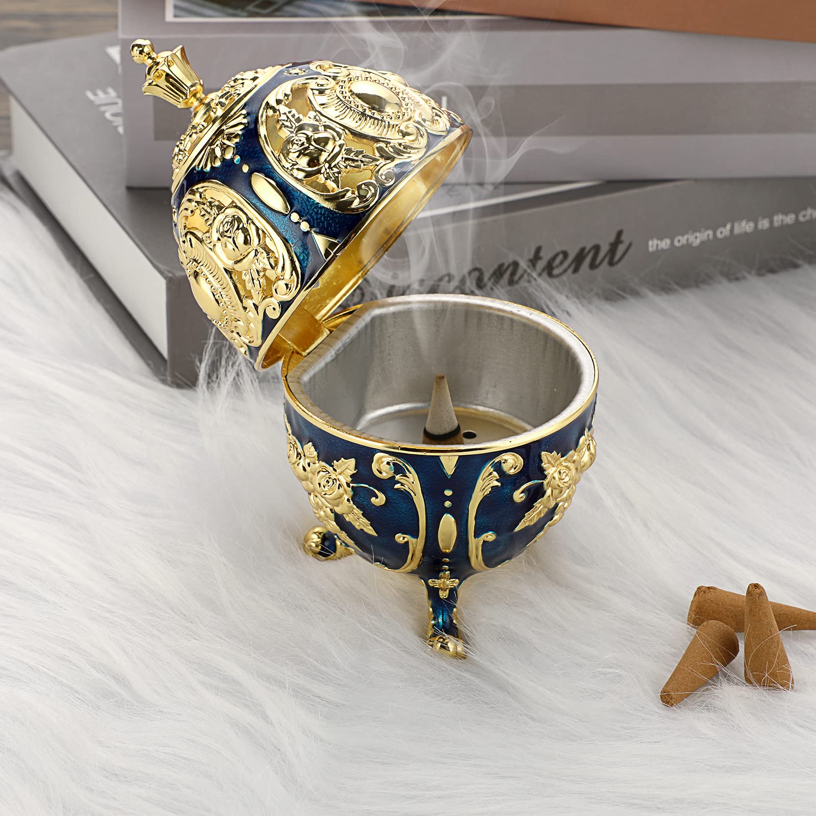 Bruciatore Incenso Vintage SUMNACON - Porta Bastoncini In Lega Di Zinco A Sfera Con Coperchio - Blu - Per Yoga E Casa