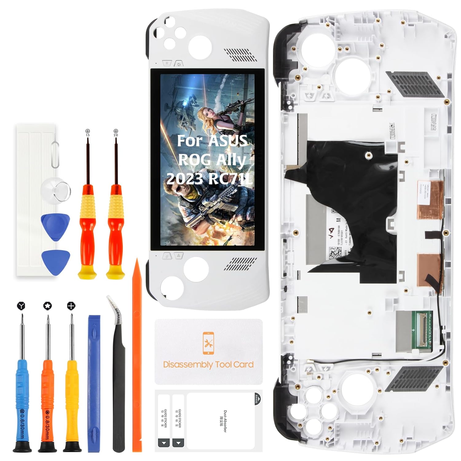 Olivechard For ASUS ROG Ally 2023 RC71L LCD Screen Replacement Assembly 7-Inch 120Hz FHD (1920x1080) IPS Display Digitizer with Frame – 500 Nits Brightness, Anti-Fingerprint Touch Panel – White