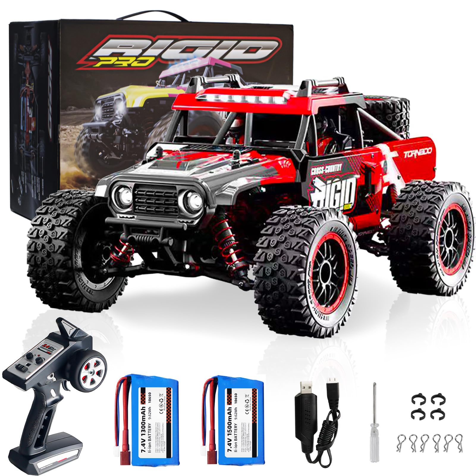 RC Cars 1:14 Remote Control Car 50 KMH Fast RC Truck for Kids Adults Boys 2.4 GHz All Terrains 4WD RC Dune Buggy Off-Road RC Monster Truck Short Course Car with 2 Batteries (Red)