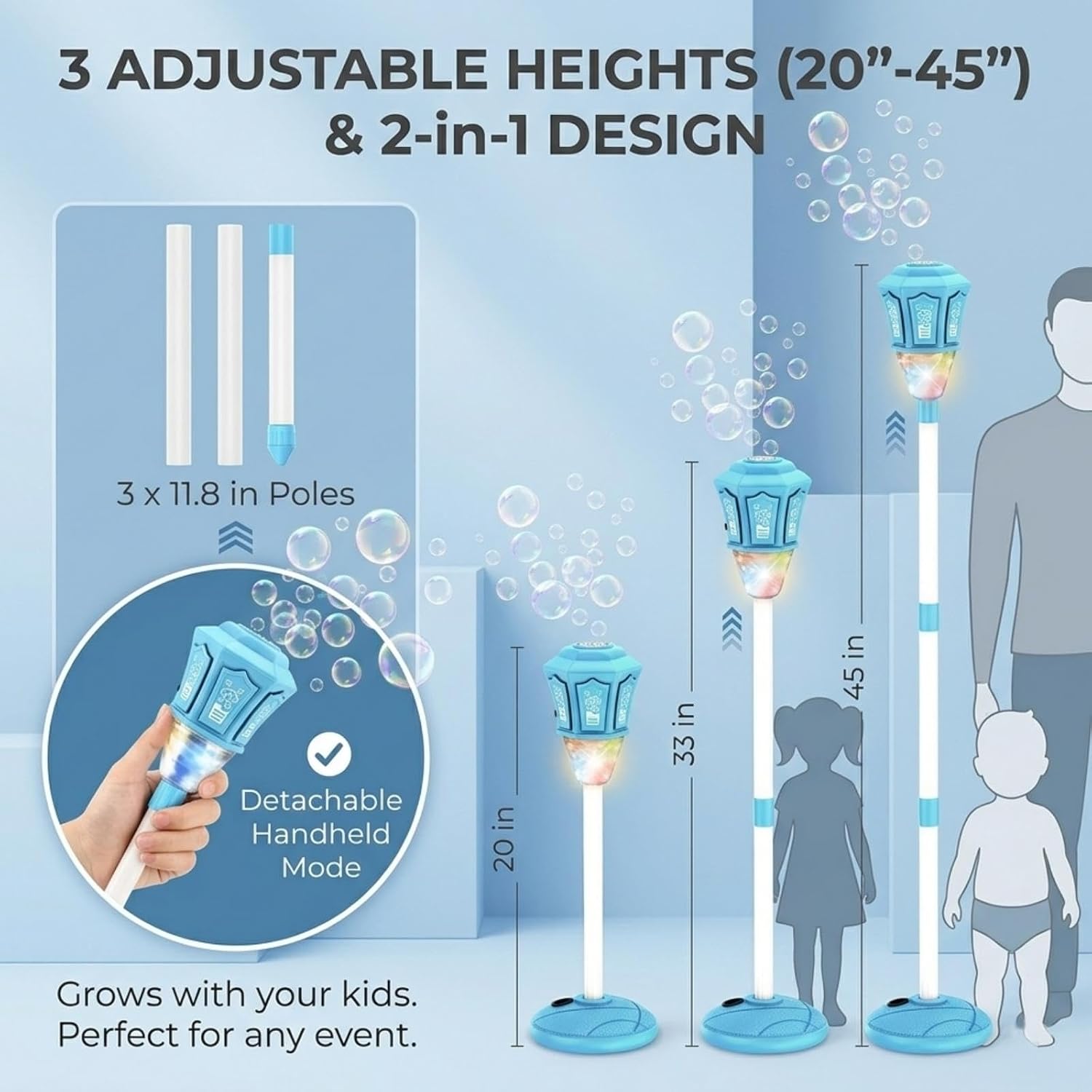 2.4GHz Remote Standing Bubble Machine, Rechargeable LED Bubble Torch with 3 Heights, Portable Handheld Bubble Machine for Summer Camping, Toddlers, Outdoor Wedding & Party (Blue)