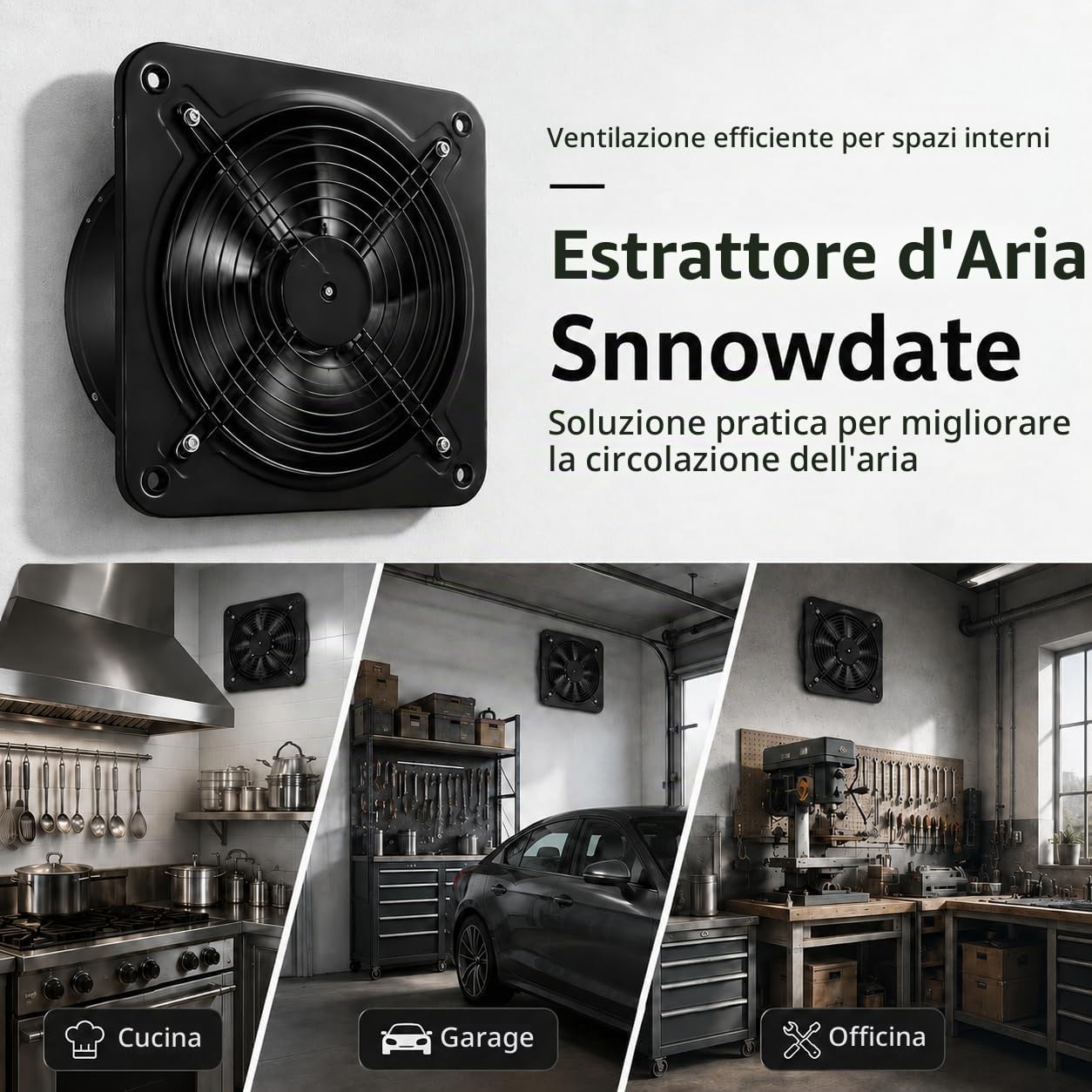 Estrattore di aria da 300 mm, 2850 m³/h, doppio cuscinetto a sfera, ventilatore metallico da parete con 5 pale, per cucine, garage, magazzini, officine e cantine, nero